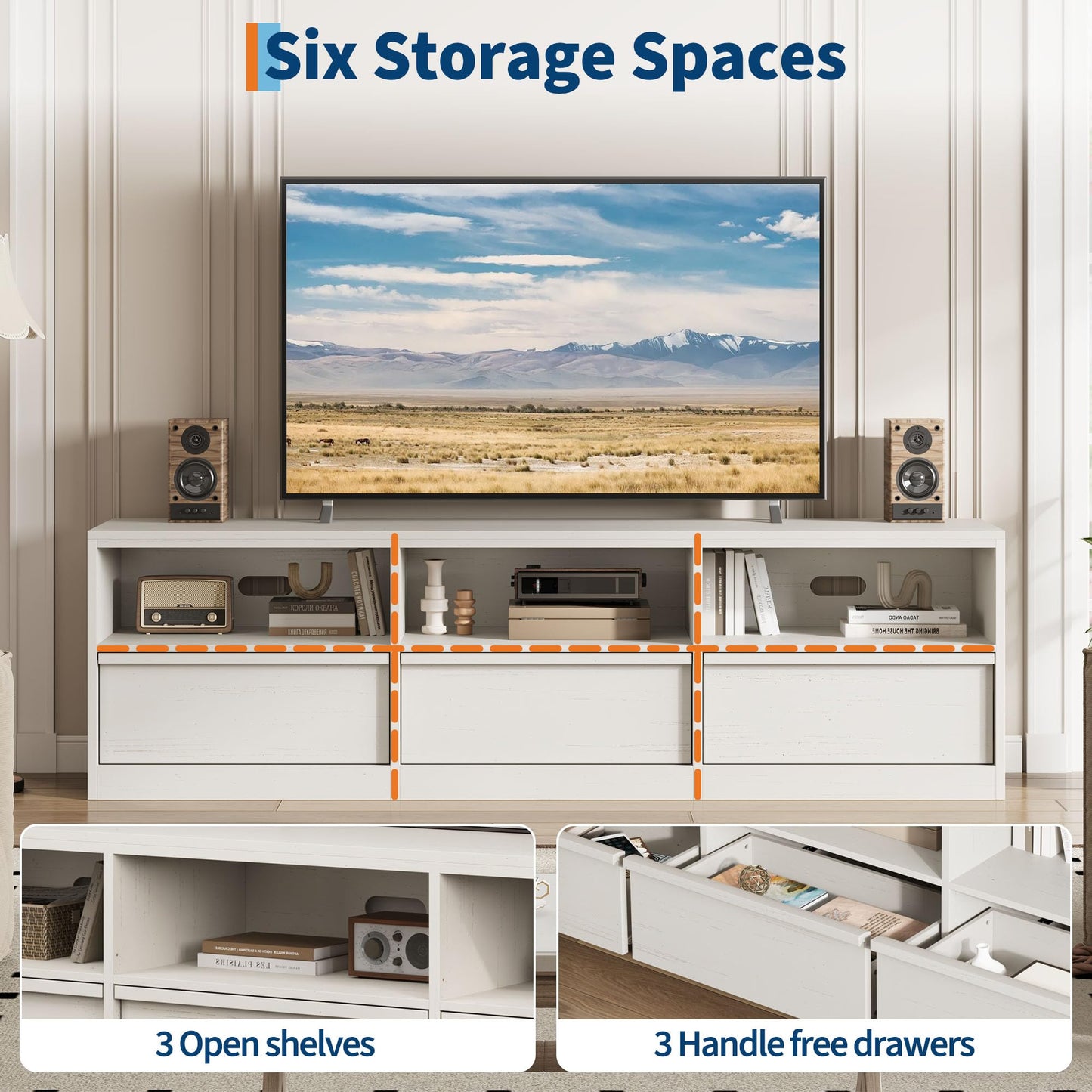 IDEALHOUSE 70" TV Stand for 75 80 Inch TV, Mid-Century Modern Entertainment Center with Storage Drawer & Open Shelves, Wood Media Console Table for Living Room & Bedroom, White