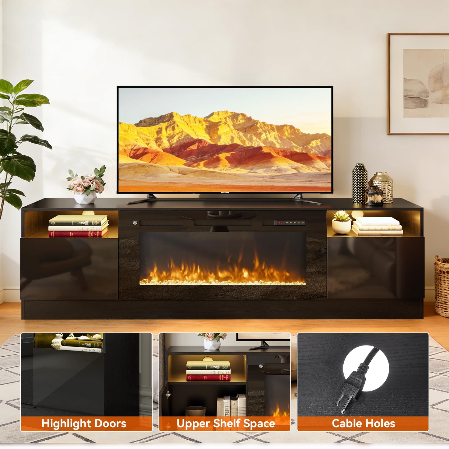 MXV 80" Fireplace TV Stand for TVs Up to 90", LED Light Entertainment Center with 36" Electric Fireplace, Modern Wood Texture TV Media Console with Highlight Storage Cabinet, Black+Black
