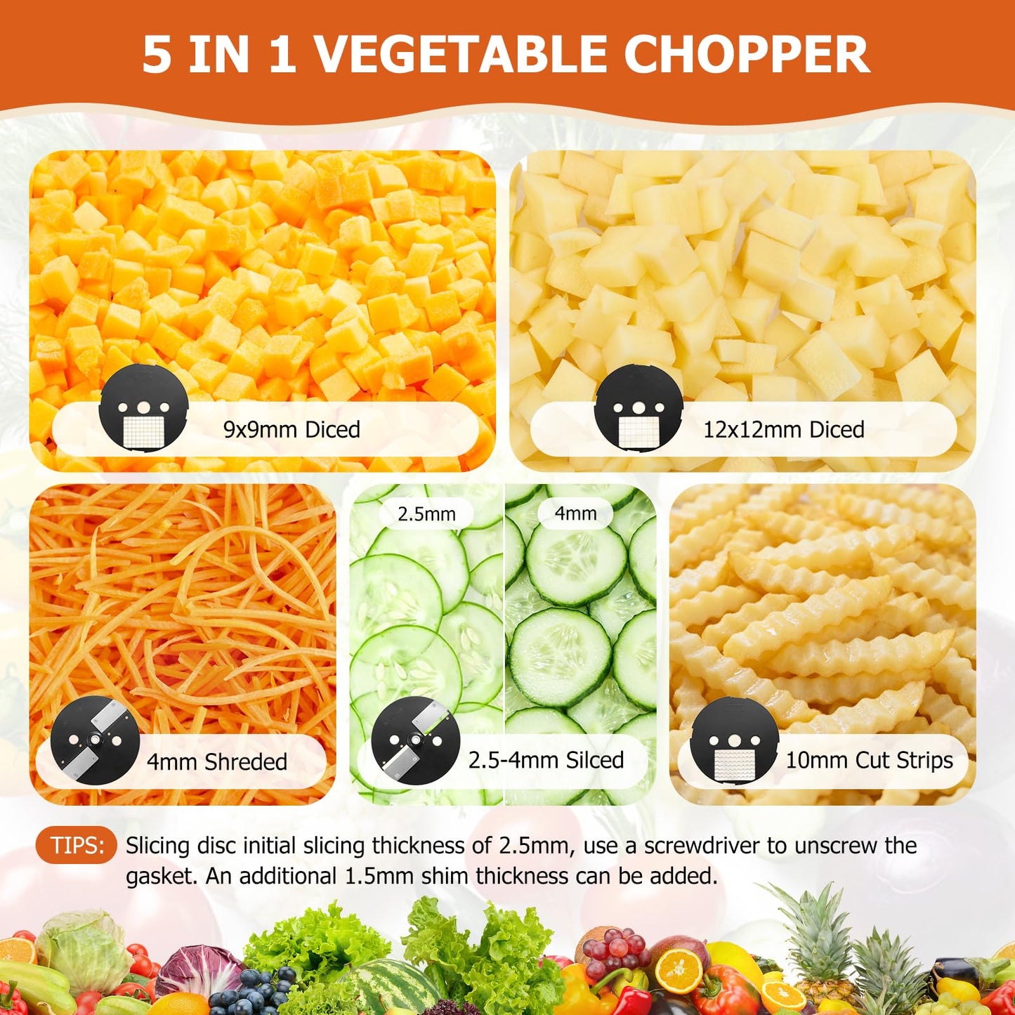 5-In-1 Electric Vegetable Chopper, Commercial Vegetable Slicer Food Processor Veggie Food Dicer with Slicing Shredding Striping for Onion Potato Cabbage Fruit Cutter Home Use