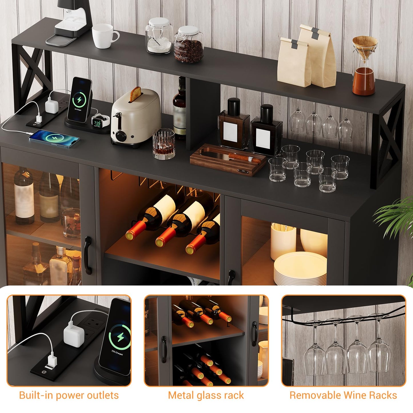 MegaChoice Wine Bar Liquor Cabinet with LED Lights, Wine Glass Holder & Rack, Kitchen Coffee Bar Cabinet, Sideboard Cabinet Bars with Storage for Home, Living Room, Dining Room Black