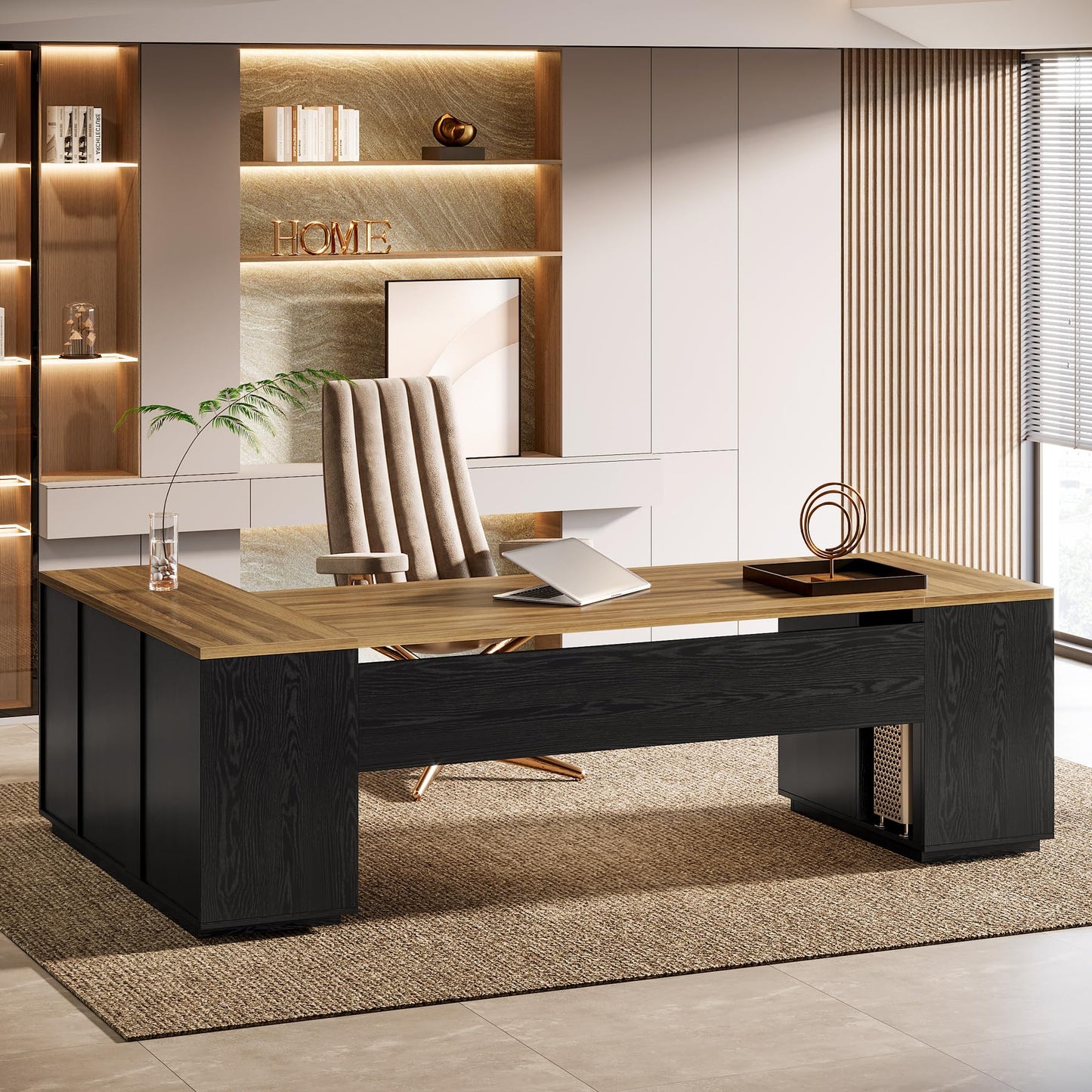 Tribesigns 85.8-Inch L-Shaped Executive Office Desk with File Drawers & Storage Cabinet, Professional Corner Computer Desk Extra Large Business Workstation with Adjustable Shelves (Brown&Black)