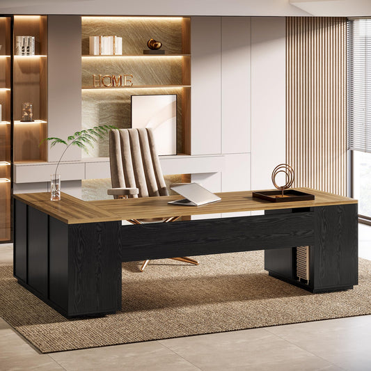 Tribesigns 85.8-Inch L-Shaped Executive Office Desk with File Drawers & Storage Cabinet, Professional Corner Computer Desk Extra Large Business Workstation with Adjustable Shelves (Brown&Black)