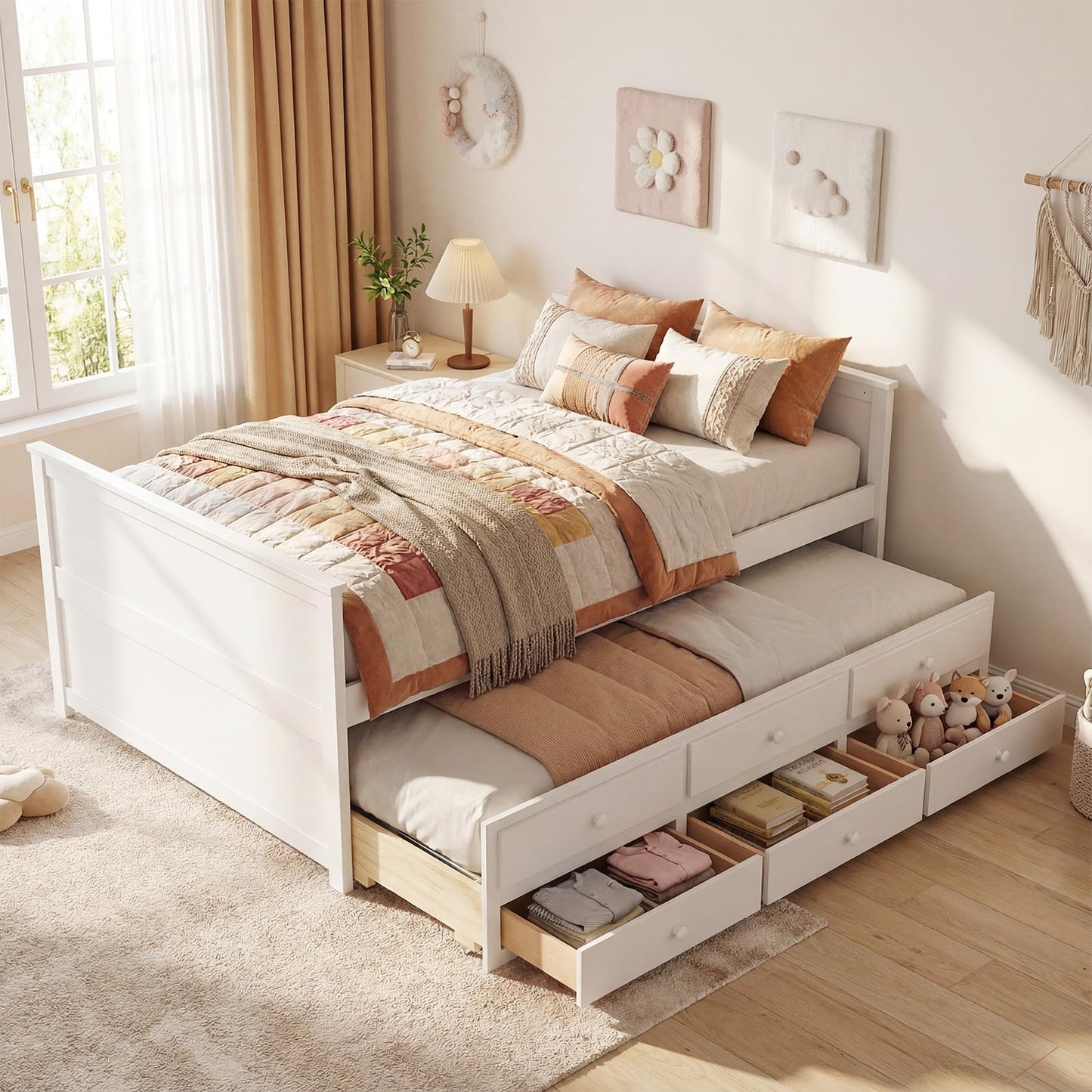 KOMFOTT Wood Full Trundle Bed with 3 Storage Drawers, Daybed with Trundle, No Box Spring Needed Daybed Frame, Trundle Bed with Storage for Kids Teens & Adults, Full Size Captain’s Bed (White)