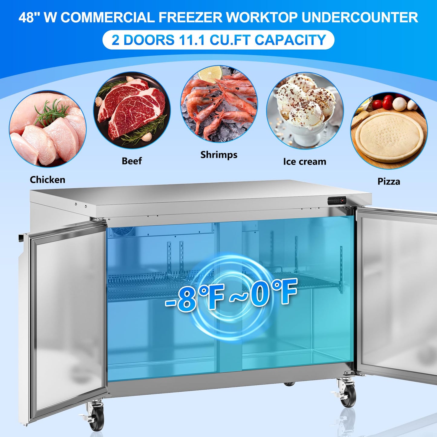Rockitch 48" W Commercial Undercounter Freezer, 11.1 Cu.ft 2 Door Worktop Under Counter Freezer, Stainless Steel Commercial Kitchen Freezing Equipment for Restaurant, Bar, Shop, etc.