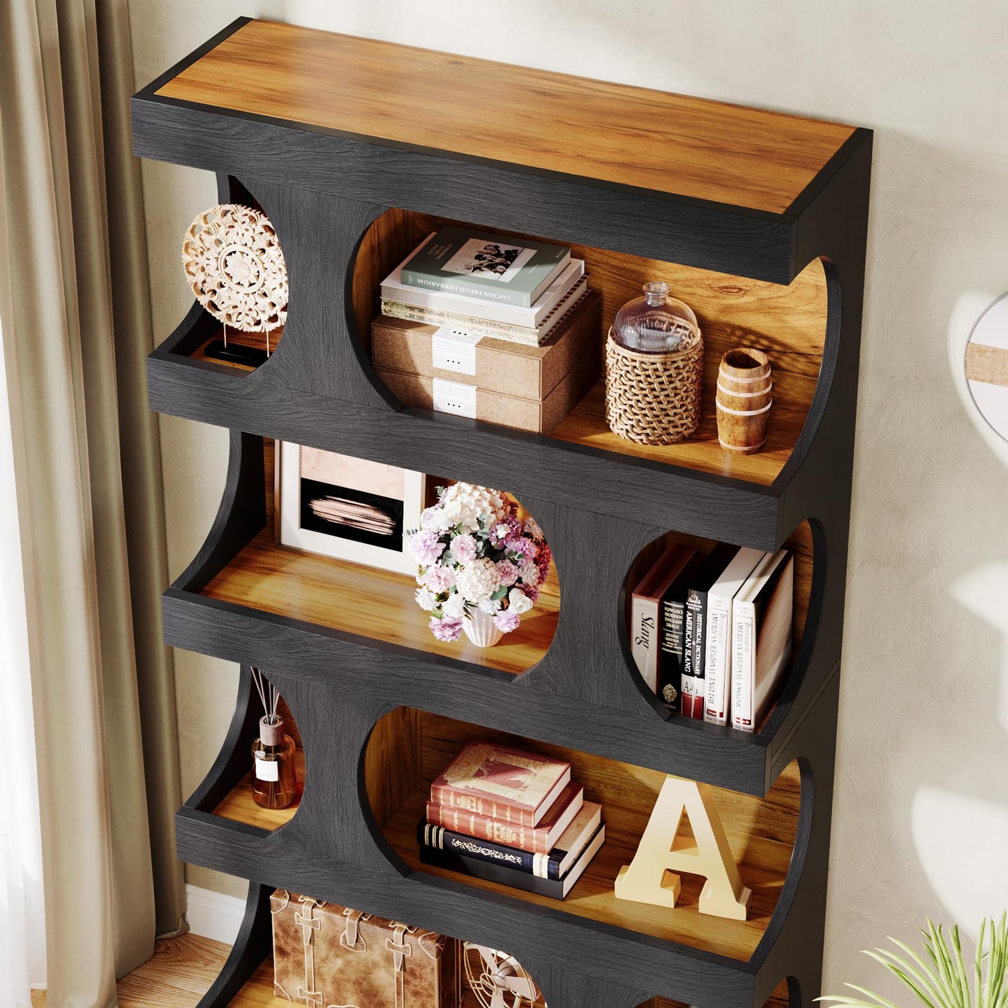 Tribesigns 71" Tall Bookcase, 4-Tier S-Shaped Bookshelf, Wood Decorative Storage Shelving, Modern Freestanding Display Shelves, Large Library Book Shelf Unit for Home Office Living Room, Black & Brown