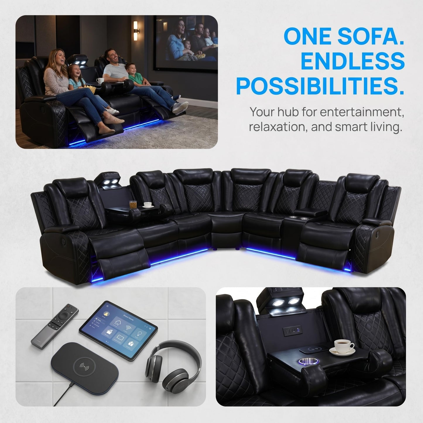 Trygoal Power Reclining Sectional Sofa Set, Modern L-Shaped Couch with USB Charging, 4 Seat Power Reclining Sofa, Reclining Sectional Couches for Living Room, Home, Office, Leather, Black