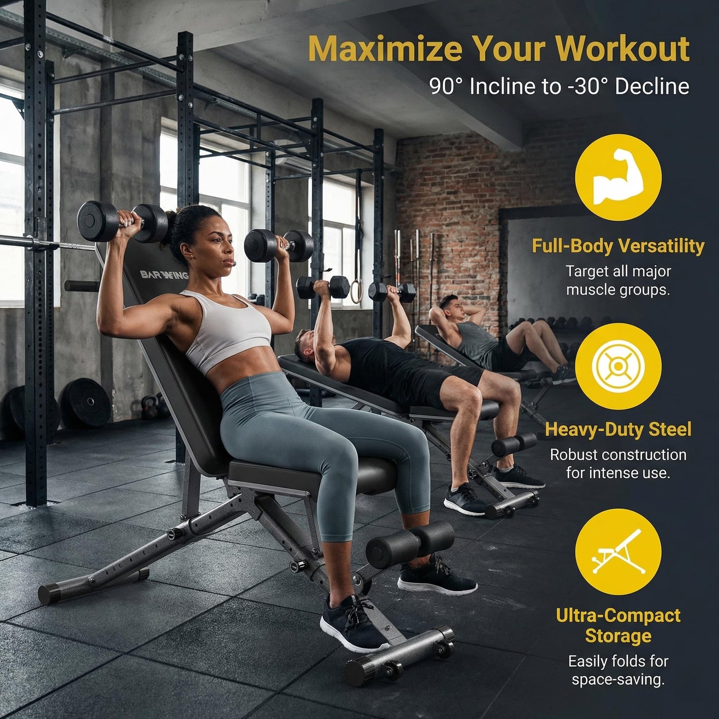 BARWING Best Adjustable Weight Bench For Home Gym, With 11 Backrest Positions & 5 Seat Adjustments, 1000 Lb Capacity Incline Decline Bench For Dumbbell Bench Press, Full Body Strength Training