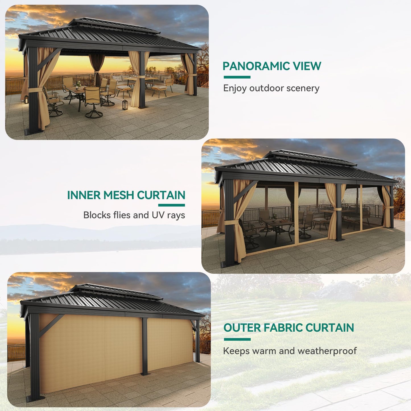 YITAHOME 12x18ft Gazebo Hardtop Canopy Outdoor Heavy Duty Double Roof w/Nettings and Curtains, Upgraded Aluminum Column Galvanized Steel Vertical Stripes Roof for Patio, Backyard, Deck, Lawns, Brown