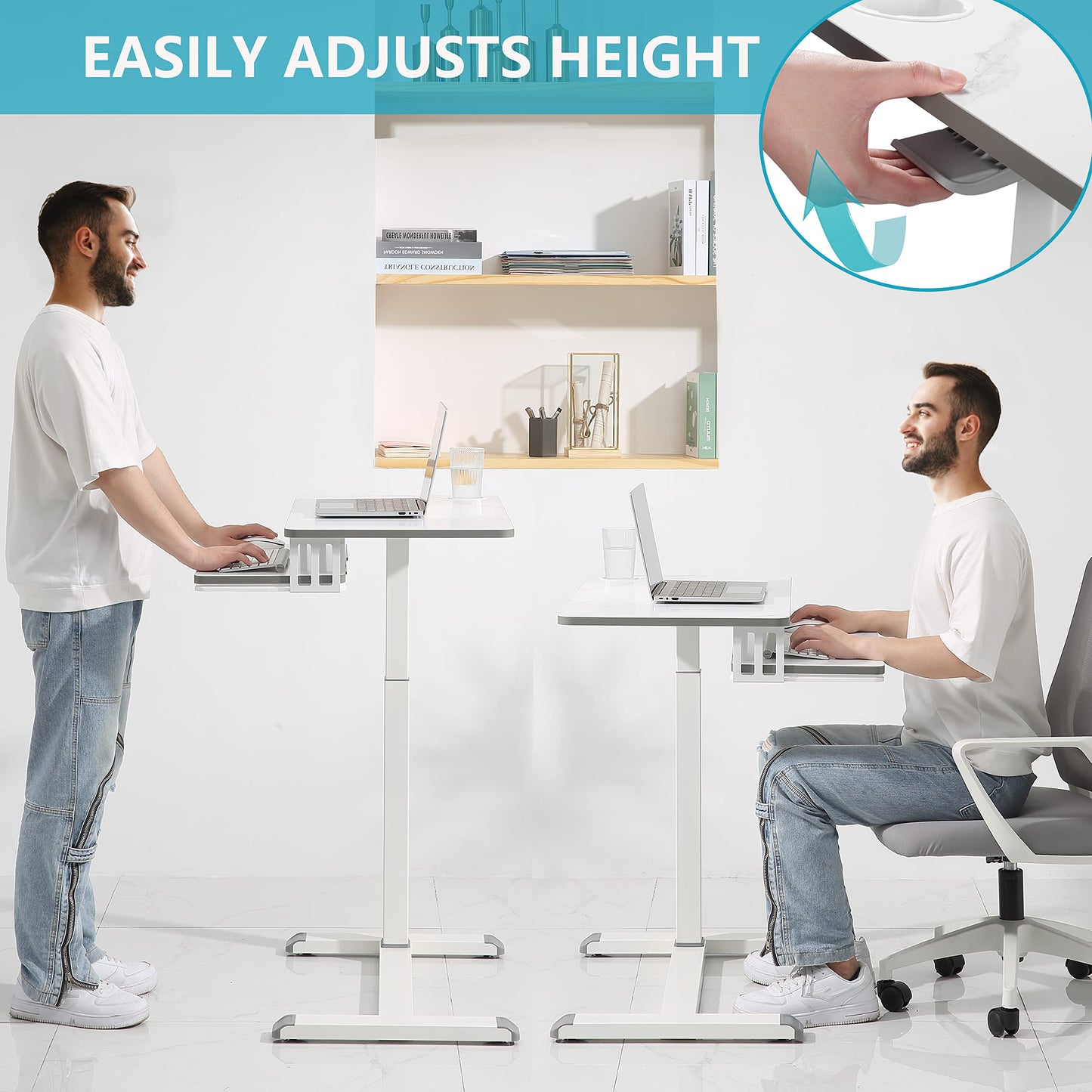 ETHU Overbed Table with Wheels, Medical Table with Drawer, Hospital Bed Table, Workstation Desk, Adjustable Overbed Bedside Rolling Laptop Desk, Marble White