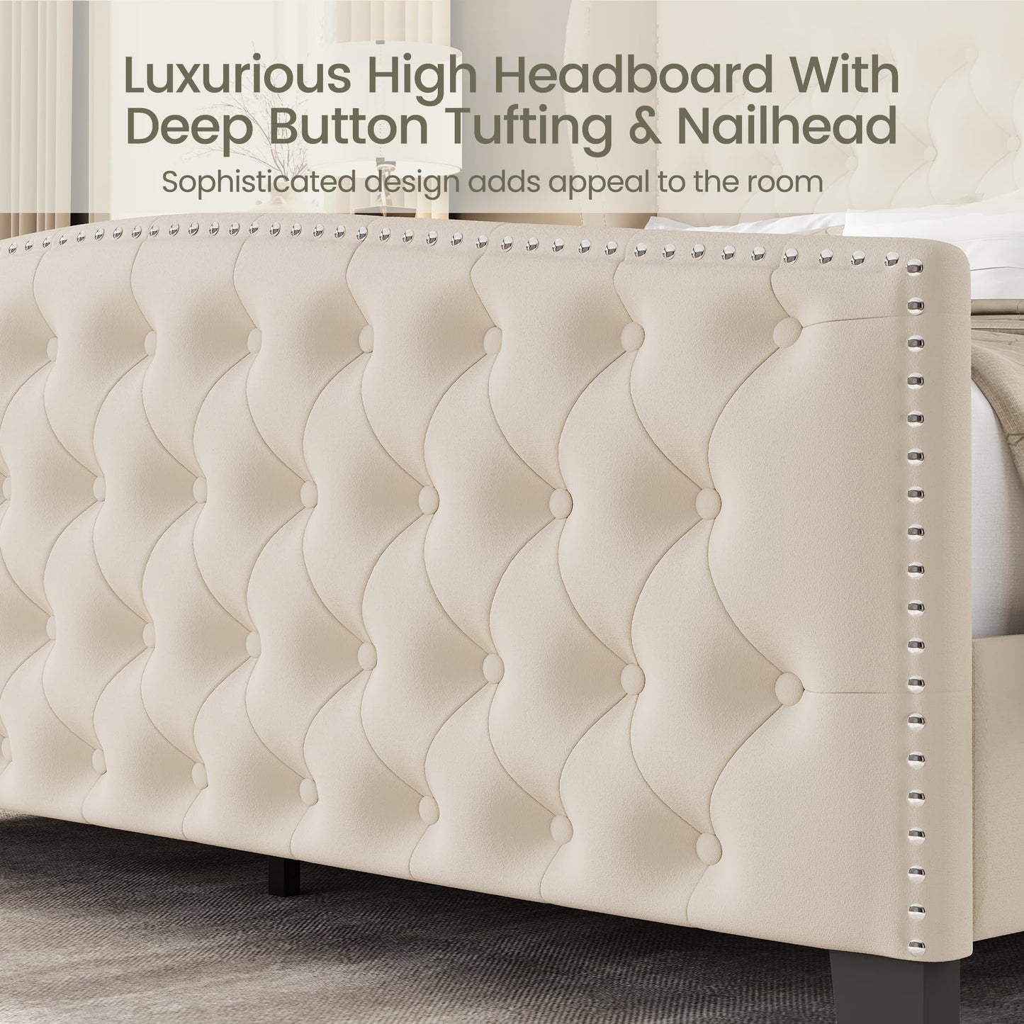LARMACE King Size Bed Frame Velvet Upholstered Platform Bed with Wingback Headboard & Footbaord, Deep Button Tufted Bed Frame with Wood Slats Support, No Box Spring Needed, Beige