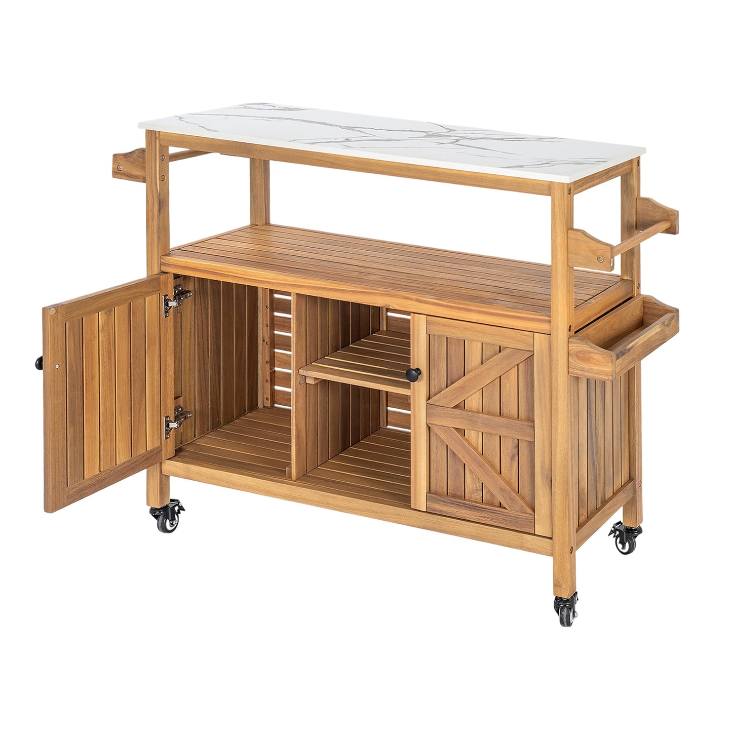 Merax Outdoor Patio Acacia Wood Bar Cart, Natural Finish with Marble-Effect Top, Lockable Wheels & Bottle Holders, Indoor-Outdoor Serving Cart