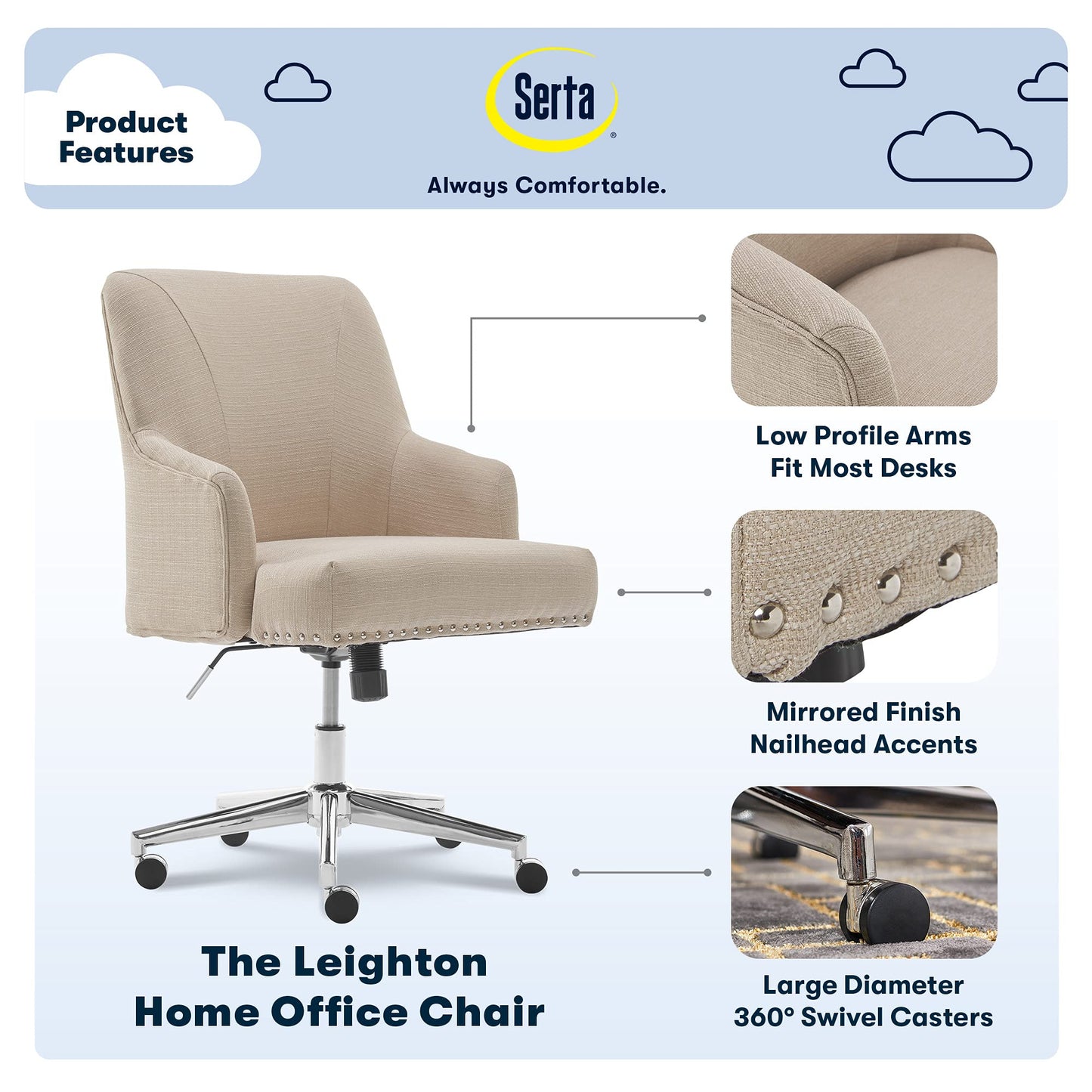 Serta Leighton Home Office Desk Chair, Mid-Back with Chrome Nailheads, Memory Foam Cushion and Padded Arms, Modern Makeup Vanity Armchair with Wheels, Swivel Base, Twill Fabric, Stoneware Beige