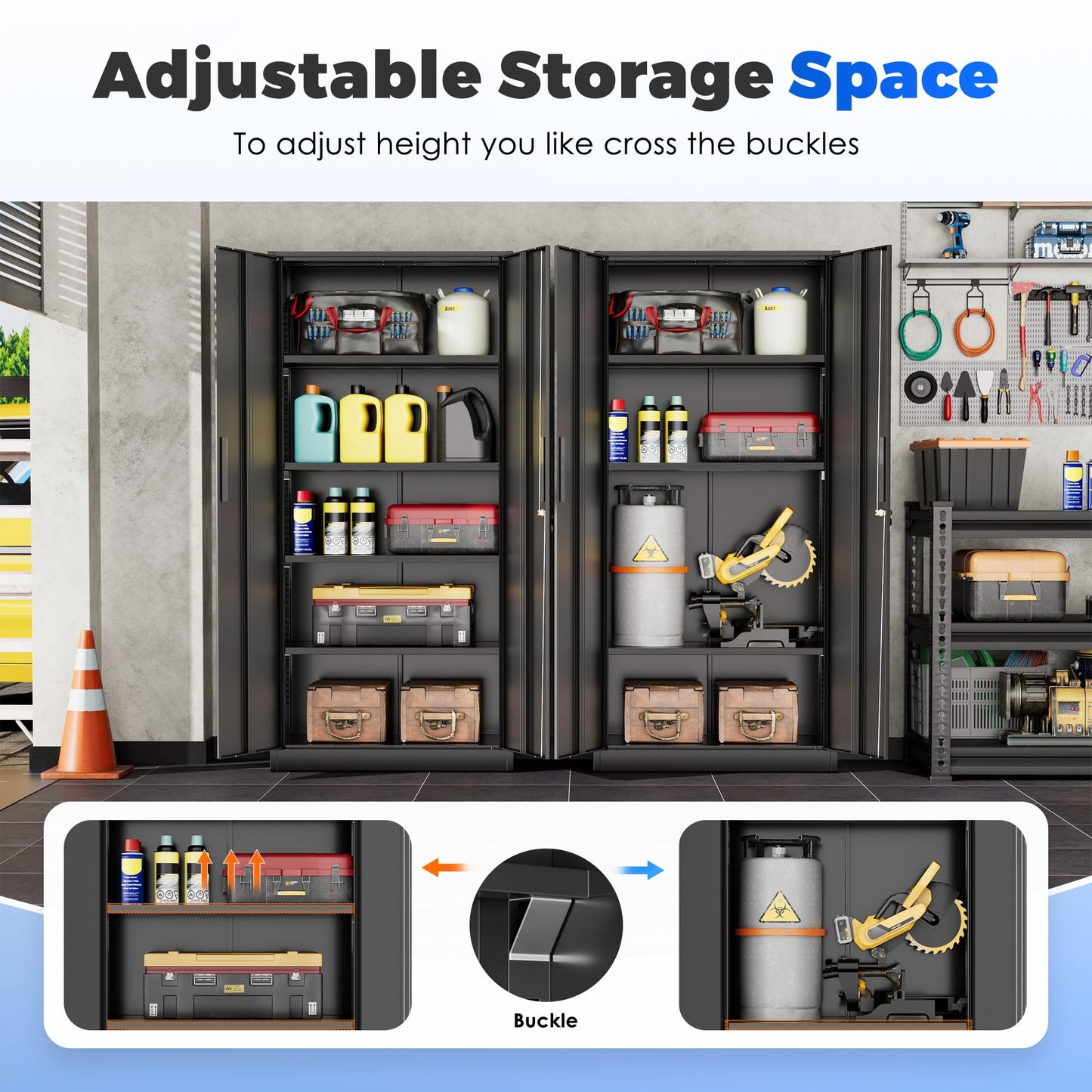 INTERGREAT Garage Storage Cabinet with Doors and Shelves, Metal Storage Cabinets with Lock, Lockable Steel Supply Cabinet for Home Office, Warehouse, Black