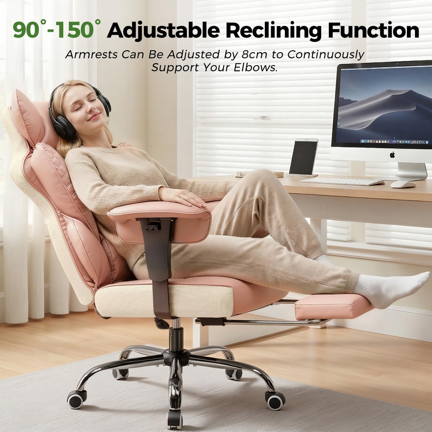 GTPOFFICE Big and Tall Office Chair 400LBS Wide Seat Computer Gaming Chair with Footrest & Comfy Lumbar Support, Leather High Back Executive Chair with Ergonomic Pressure Relief Seat Cushion, Pink