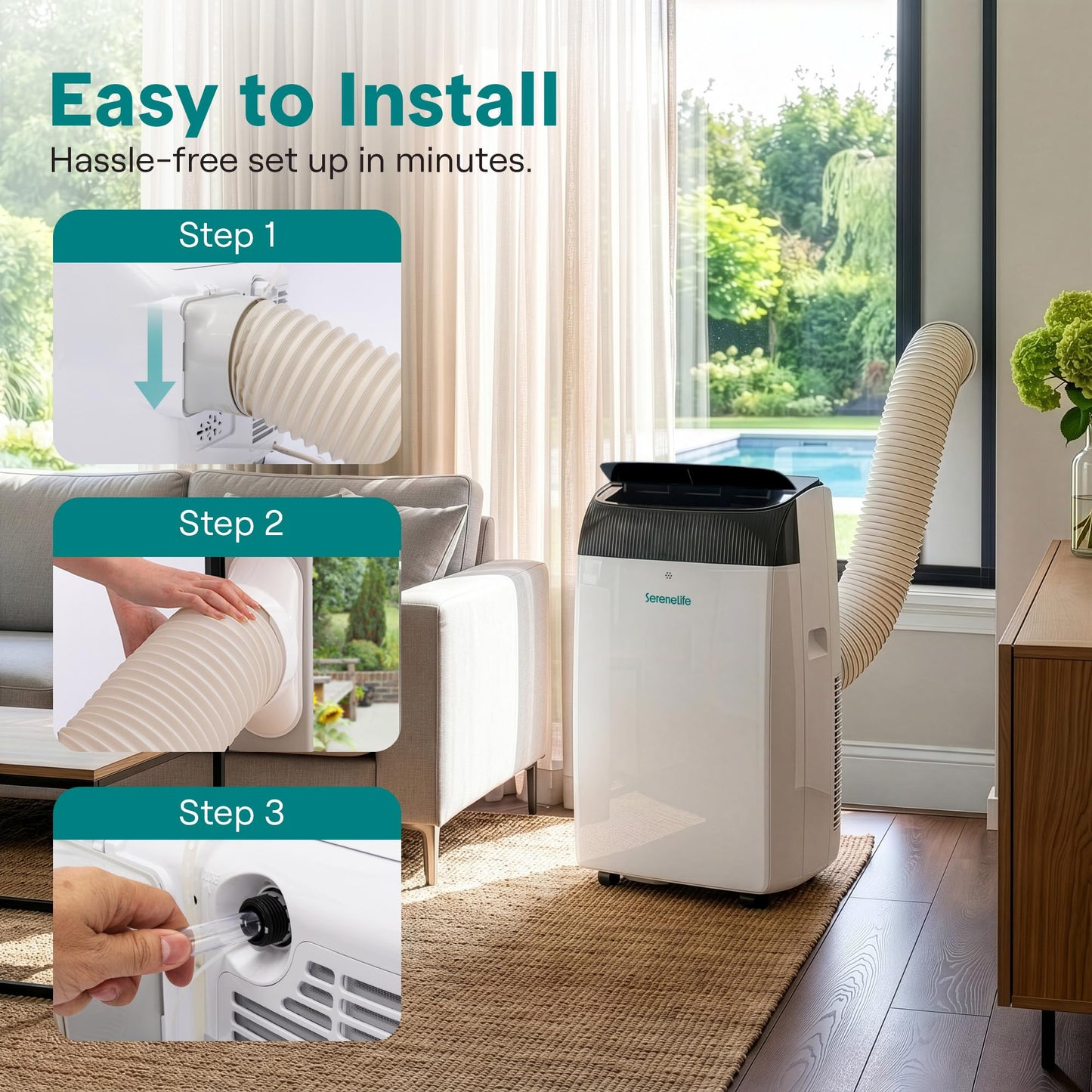 SereneLife 14,000 BTU Portable Air Conditioner with Dehumidifier, Heat, & Fan | Wi-Fi Enabled Portable AC Unit for Wide Area Climate Control | Compact Standing Air Conditioner with Window Kit