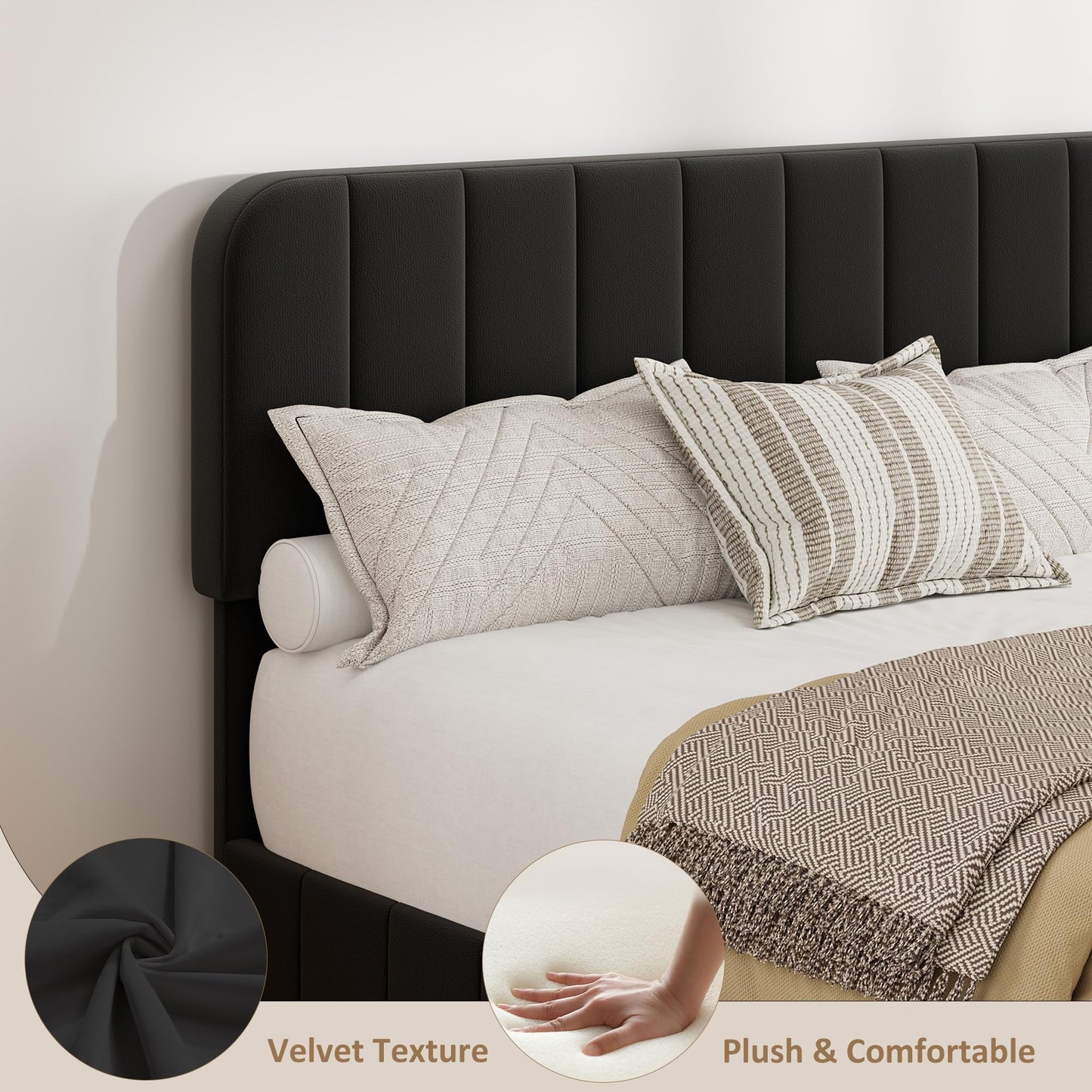 GAOMON Queen Bed Frame with Storage Drawers - Velvet Upholstered Platform Bed Frame with Adjustable Headboard, Wood Slats Support, No Box Spring Needed, Easy Assembly, Black