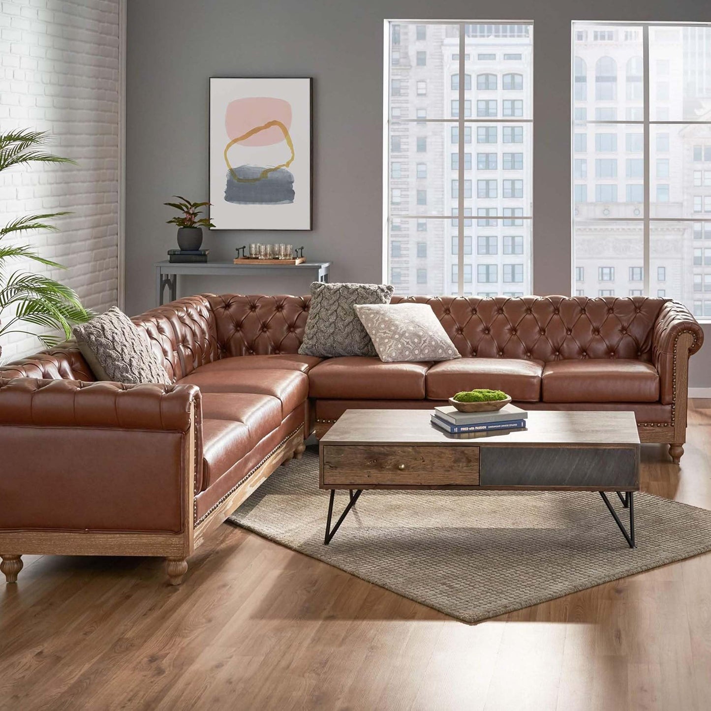 Merax PU Chesterfield Sofa, Retro Style Upholstered 6 Seater Leather Rolled Arm Couch for Living Room Bedroom Office, Light Brown