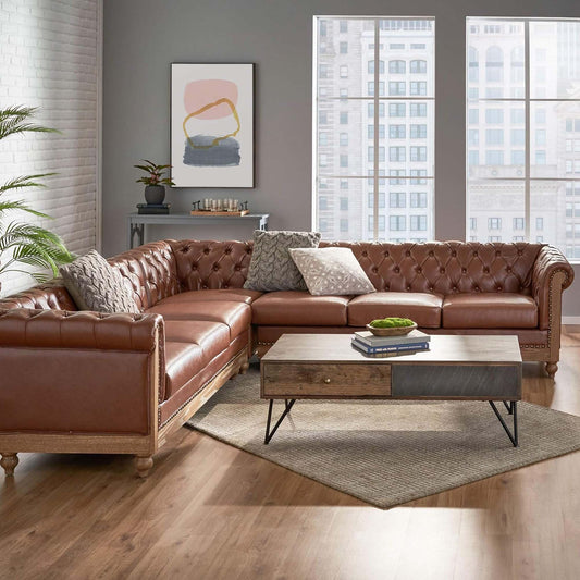 Merax PU Chesterfield Sofa, Retro Style Upholstered 6 Seater Leather Rolled Arm Couch for Living Room Bedroom Office, Light Brown