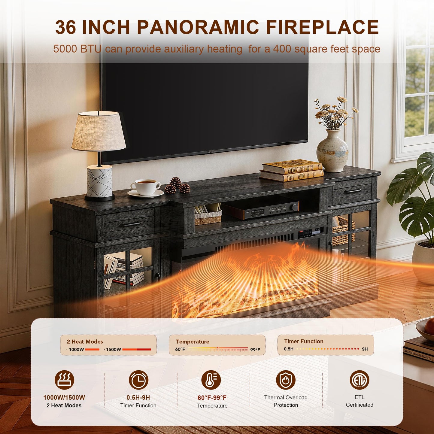 MXV 70" Fireplace TV Stand, 3-Sided Glass Fireplace and Modern Entertainment Center, Wooden Media Console with Glass Doors & Storage Drawers, LED Light, for Living Room, Black