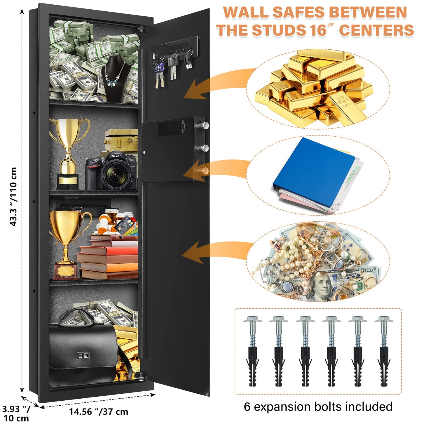 43.3" Tall Fireproof Wall Safes Between the Studs 16" Centers, Electronic Hidden Safe with Removable Shelf, Fireproof in Wall Safe for Money Jewelry Passport