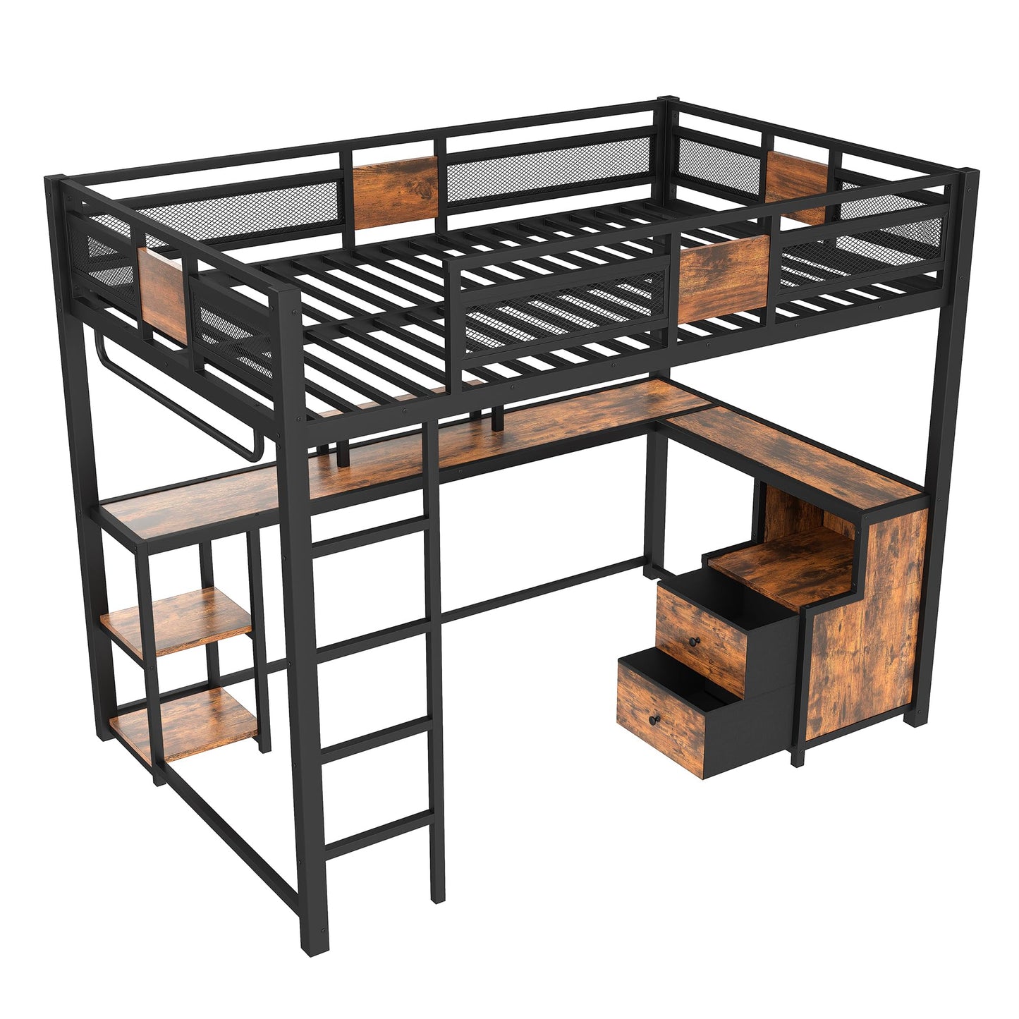 Bellemave Full Loft Bed with L-Shaped Desk and Storage Drawers, Full Size Loft Bed Frame with Computer Monitor Stand, Corner Shelf and Hanger Rod, Adults Loft Beds Nosie-Free, Black