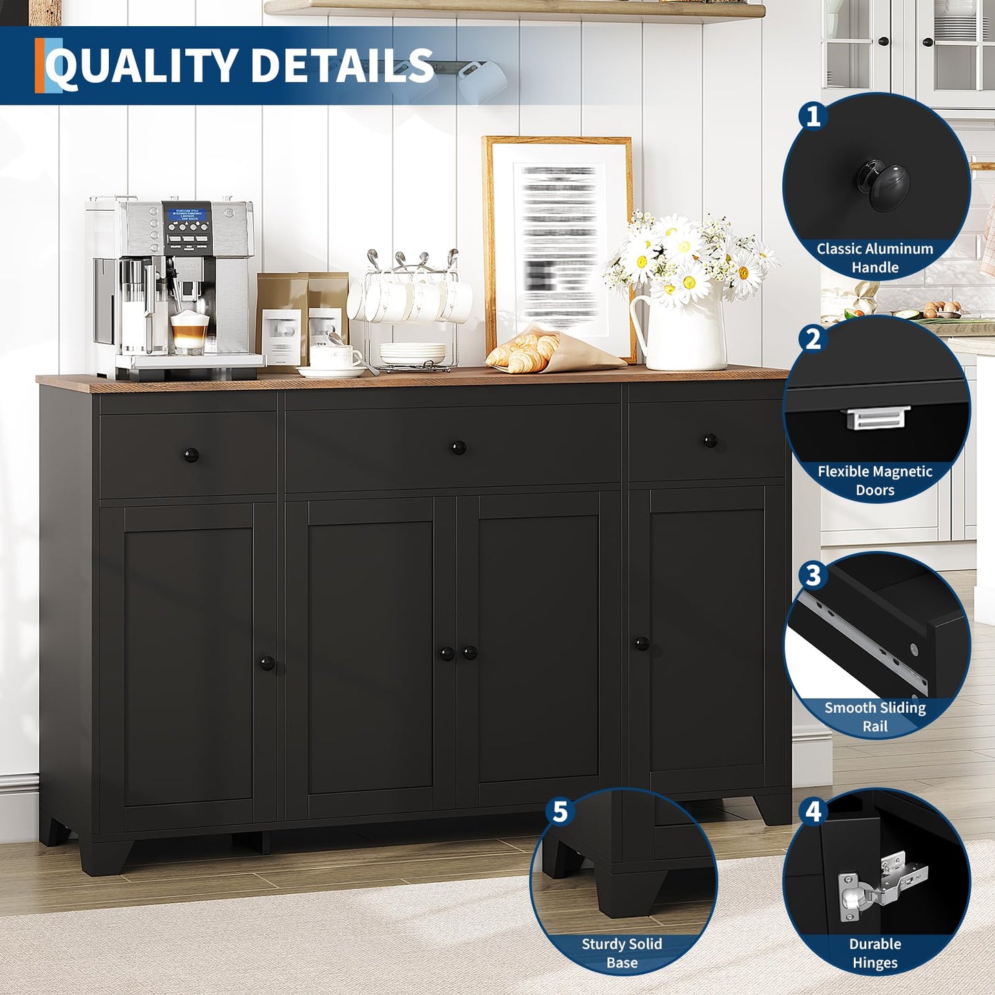 CuisinSmart 55" Buffet Cabinet with Drawers, Large Sideboard Buffet Storage Cabinet with Shelves and Doors, Minimalist Coffee Bar Station Wood Kitchen Table for Kitchen, Dining Room- Black