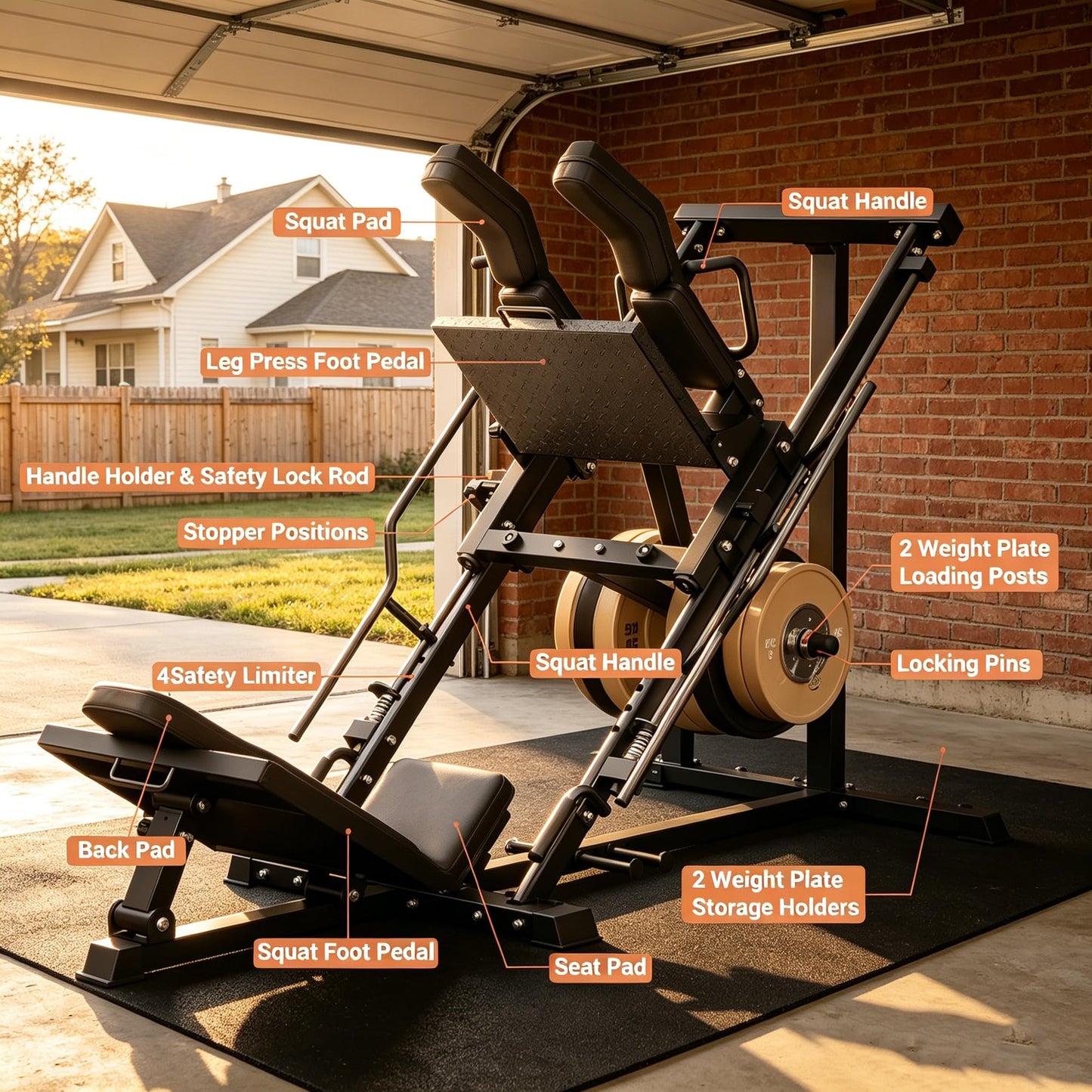 Leg Press Hack Squat Machine 2-in-1 for Home Gym, Linear Bearing System, 1200LB Capacity, 4-Position Safety Stops & Weight Storage, Lower Body Workout Equipment (Weights Not Included)
