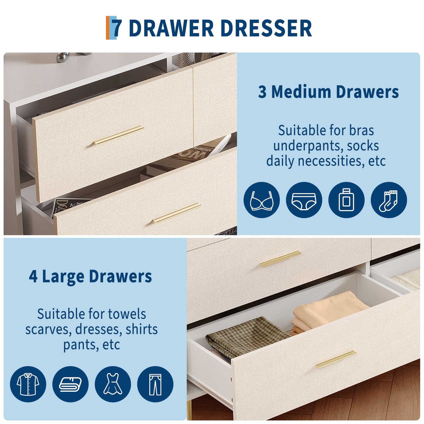 Garvee White Dresser, Modern 7 Drawer Dresser for Bedroom with Gold Handle and Legs, Wooden Nightstand with Linen-Textured Surface, Narrow Accent Cabinet End Table for Living Room, Hallway, Entryway