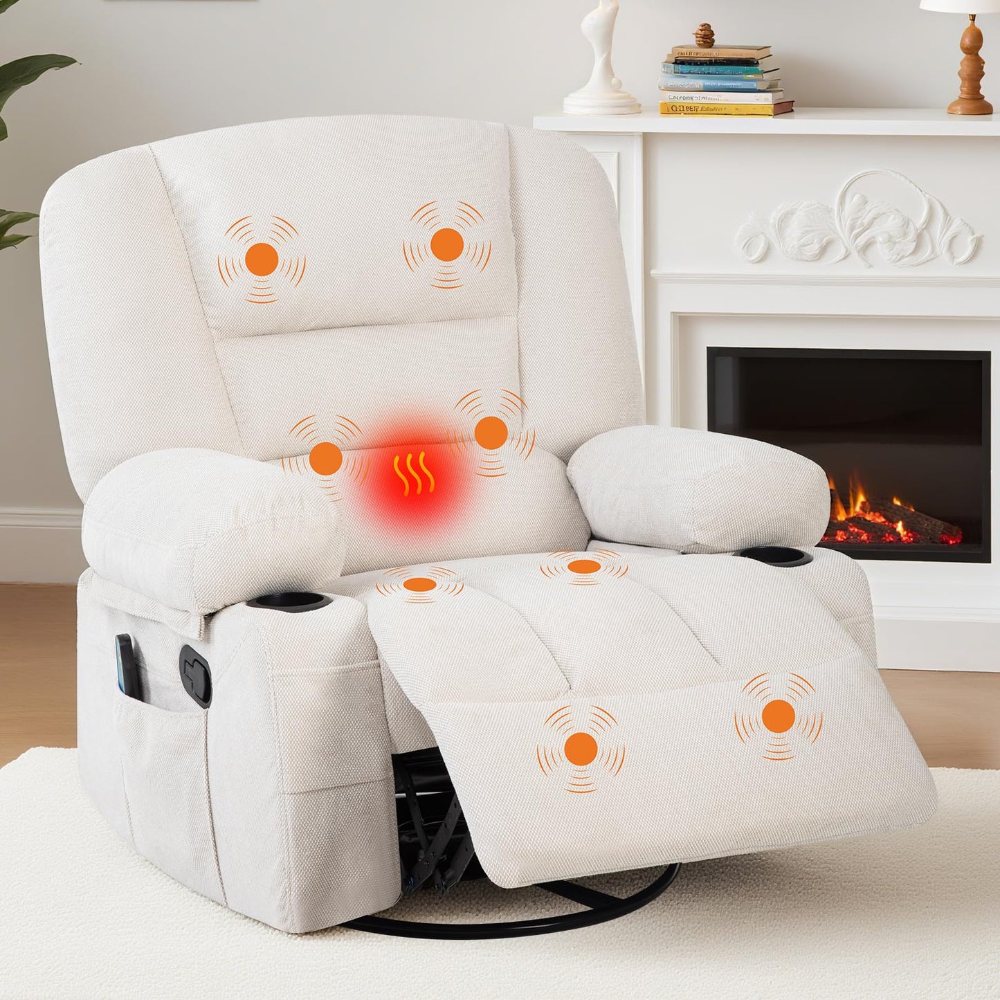 Oversized Wide Recliner Chair with Vibration Massage and Heat, 360° Swivel Recliner Glider for Adults,Chenille Fabric Manual Reclining Single Sofa with Cup Holders & Side Pockets for Living Room,White