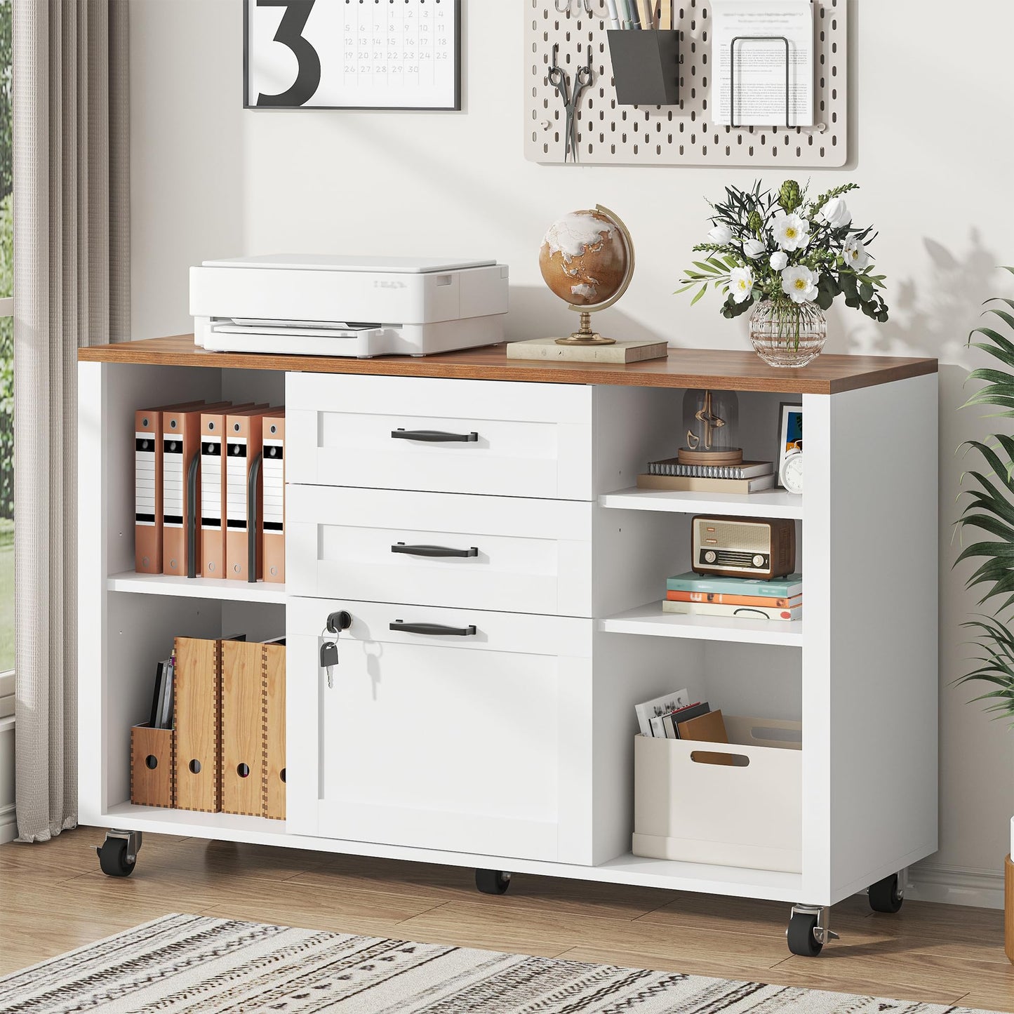 kepptory 3 Drawer Wood Mobile Large lateral File Cabinet with Lock, Lockable Rolling Filing Cabinet with Open Storage Shelves, Printer Stand Office Storage for Home Office Fits Files Legal/A4, White