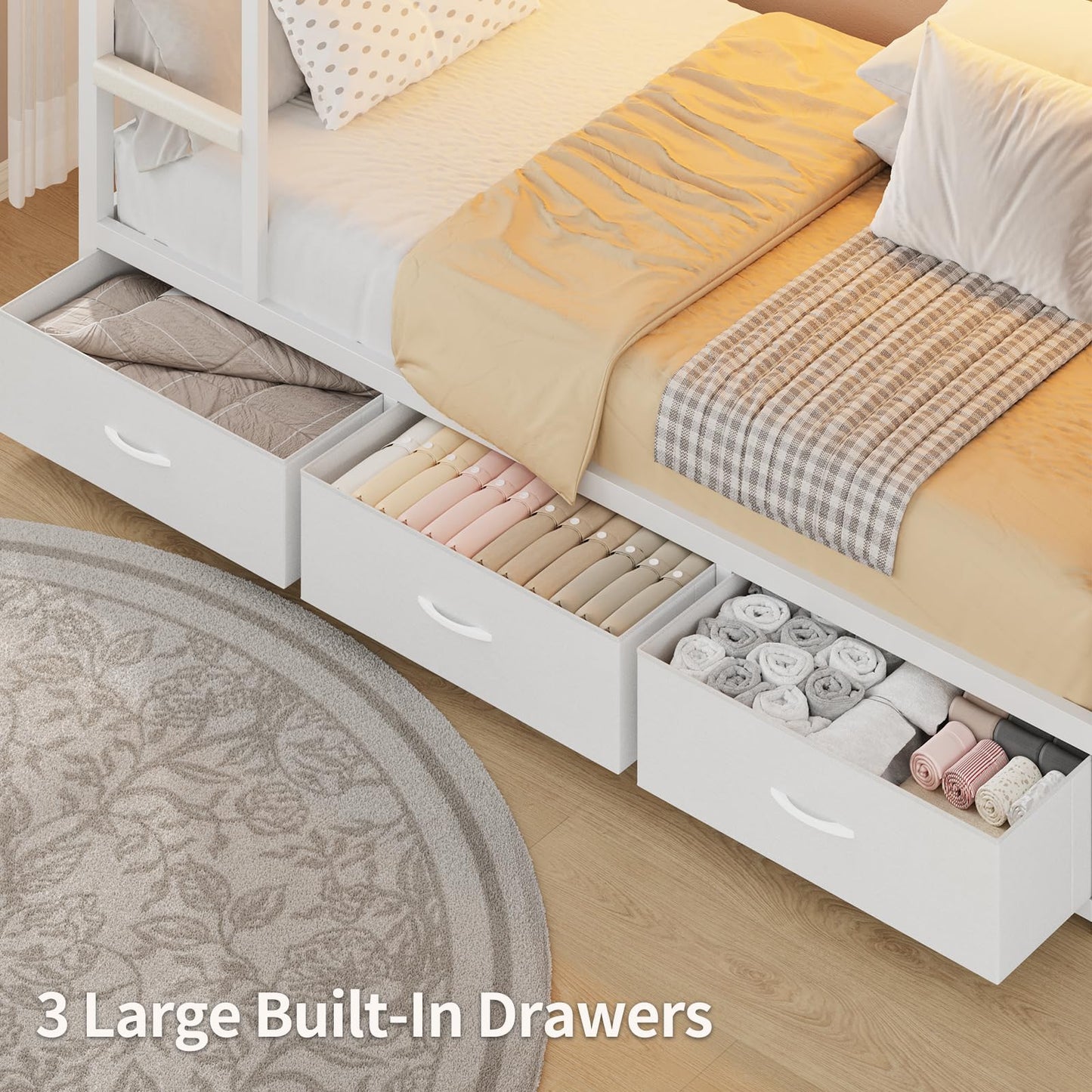 Bunk Bed Twin Over Twin with 9 Drawers & Hanging Rod, Low Loft Metal Bed with Charging Station & LED Lights, Sturdy Bed Frame with Pegboard & Storage, No Box Spring Needed, for Bedroom, White