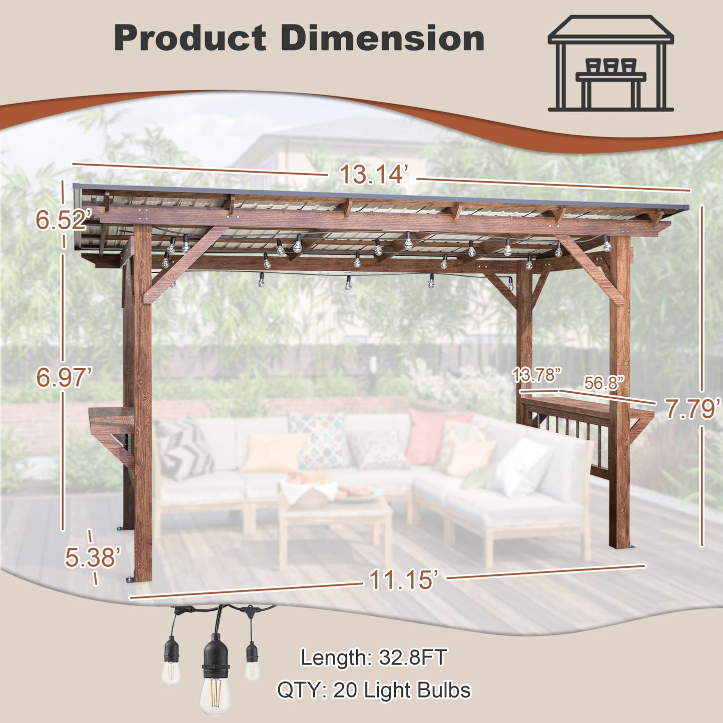 YOPTO 13x6.5 FT Outdoor Wooden Pergola Grill Gazebo with Metal Roof & Bulbs,Waterproof Garden Canopy W/Bar Counters,for Patio,Backyard,Swimming Pool,Brown