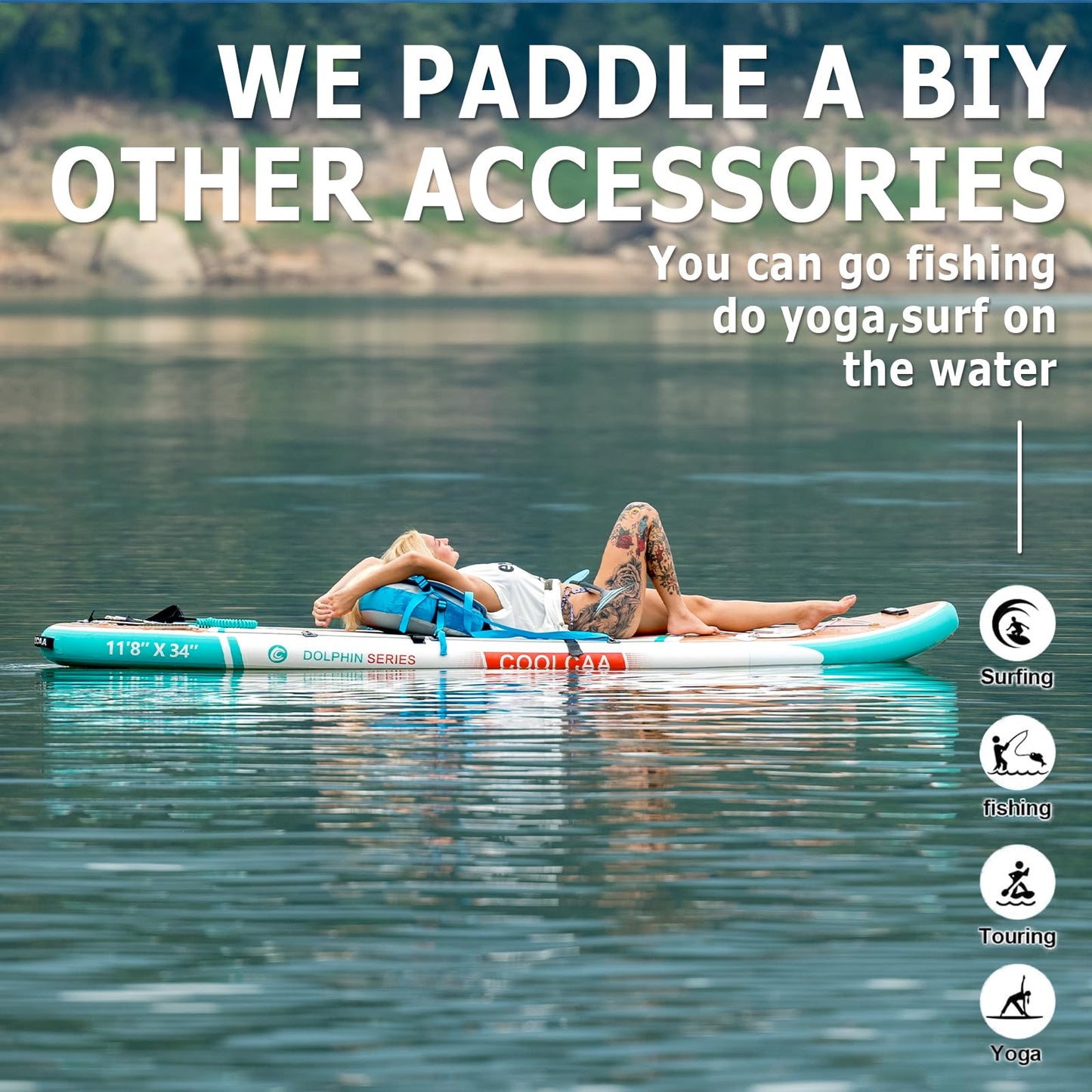COOLCAA Dolphin Lite 11'8" Inflatable Stand-Up Paddle Board, 490Lbs Capacity SUP Board with 34'' Extra Wide, Fishing Paddleboard with Accessories & Bag for Adults Youth (Maple Marlin)