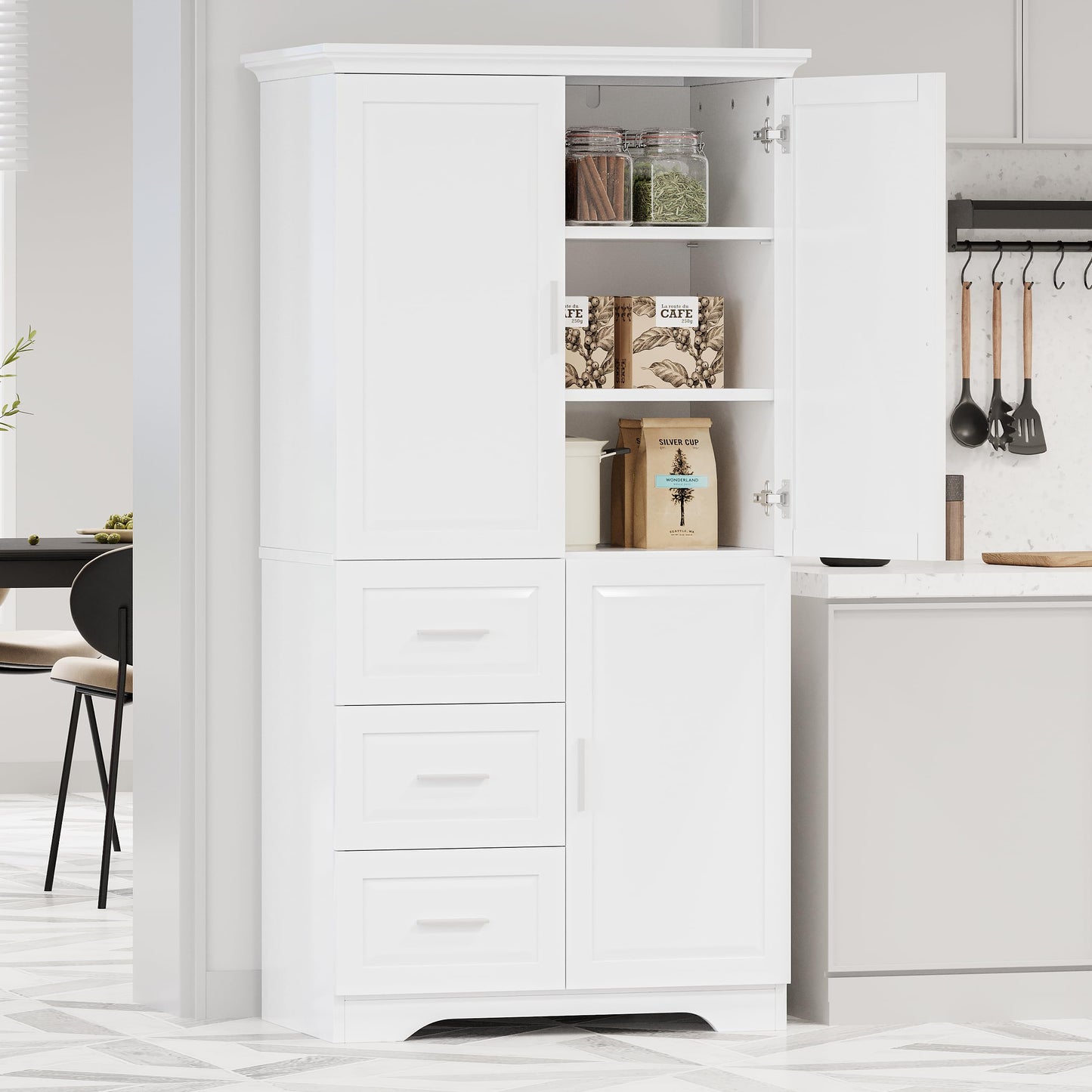 Merax 62.2" Pantry Cabinet with Three Doors & Three Drawers, Adjustable Shelves Storage Cupboard for Kitchen/Dining Room/Bathroom, White