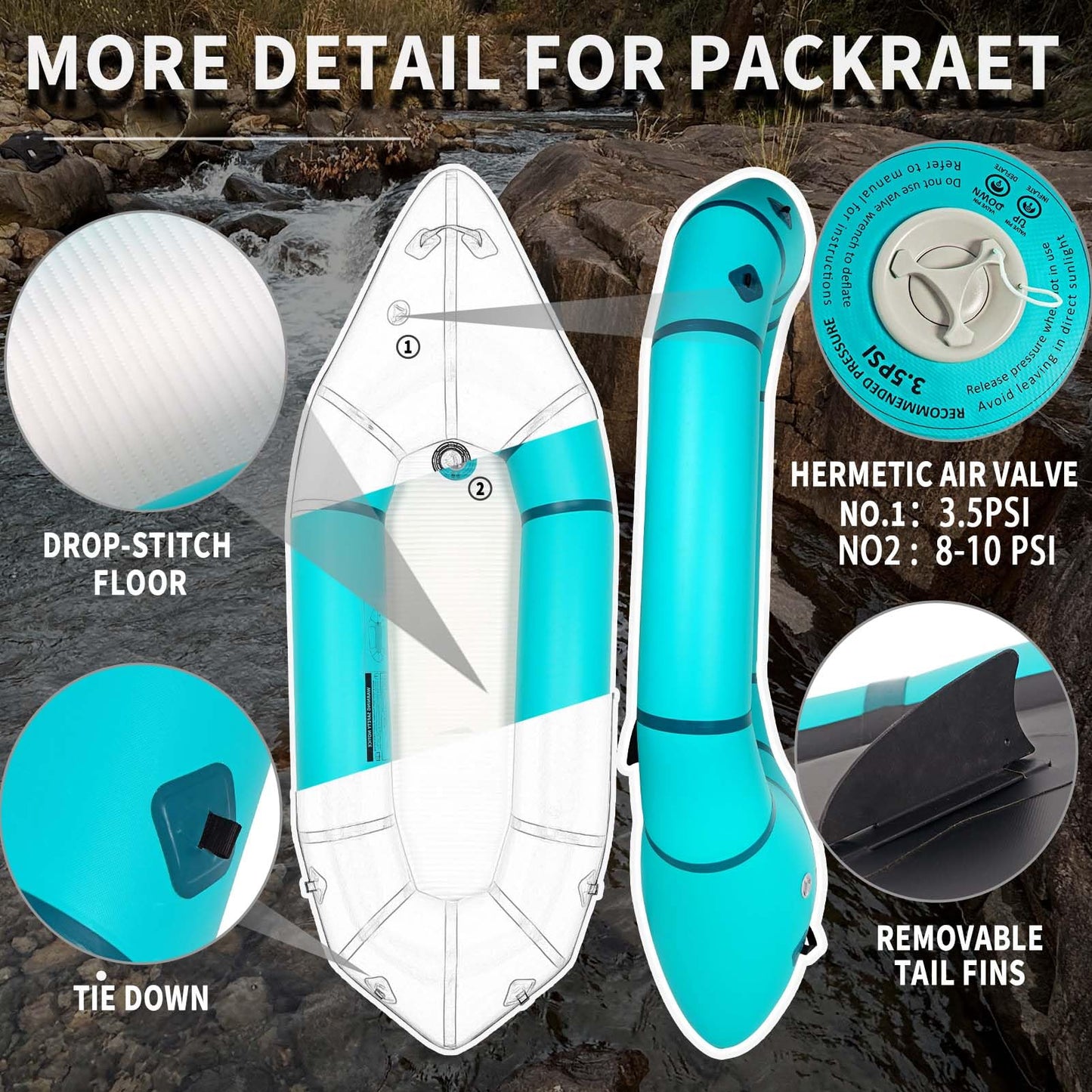 JUSTOOP PVC Packrafts,1 Person Packraft for Flat Water Rafting Camping Trip/Fishing/Water Adventures, Travel Kayak with Two-Way Manual Pump, 300lb Weight Capacity, Teal