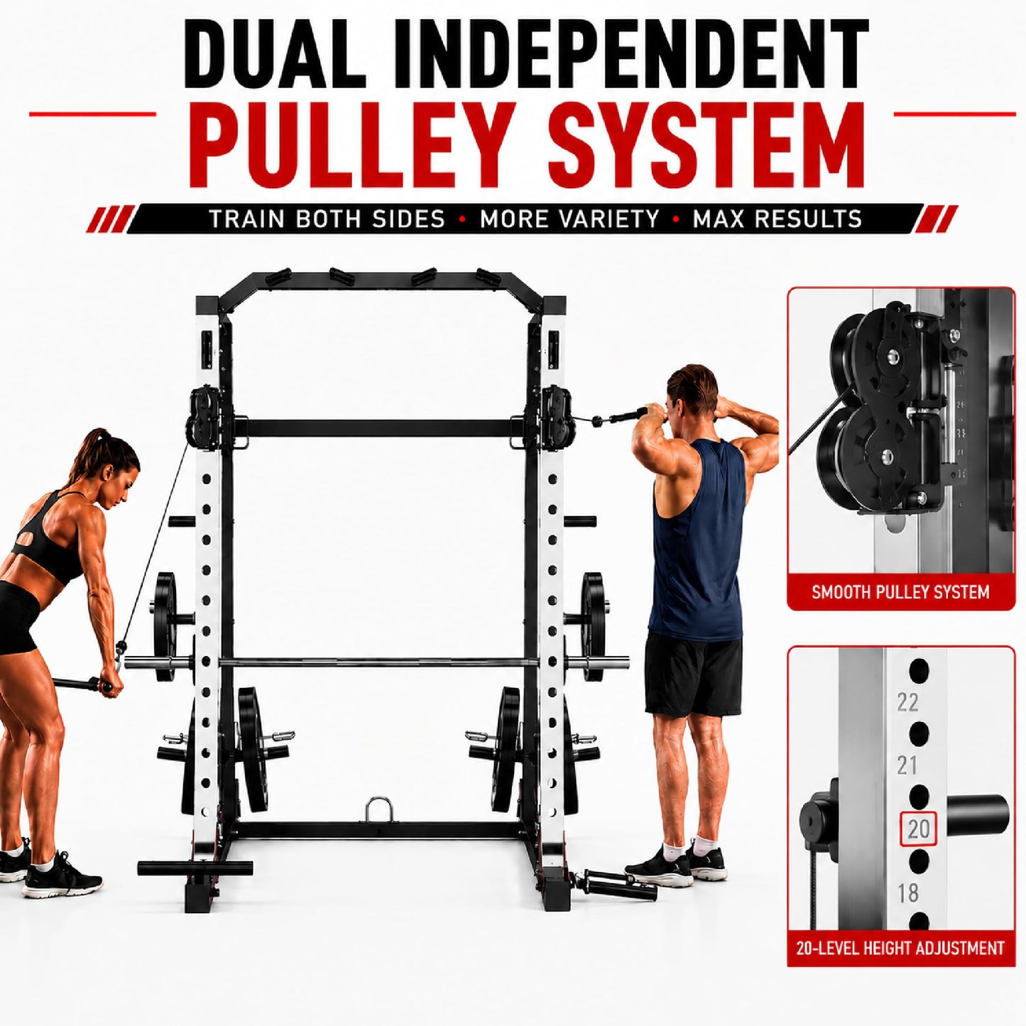 Smith Machine, 2000LBS Power Cage with Cable Crossover System, Squat Rack with Smith Bar, All-in-One Home Gym System, Dual Independent Pulley,LAT Pulldown,Pull-Up Bar, Landmine, J Hooks