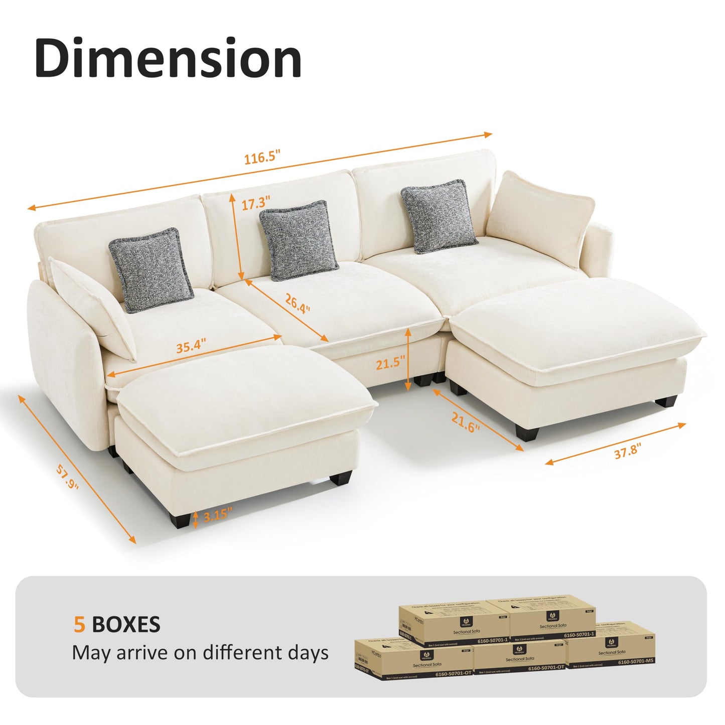 MCombo 117" Oversized Cloud Sectional Couch, Sectional Sofa with FSC Certified, U Shaped Couch with Ottoman for Living Room, Chenille S0701 (Beige)