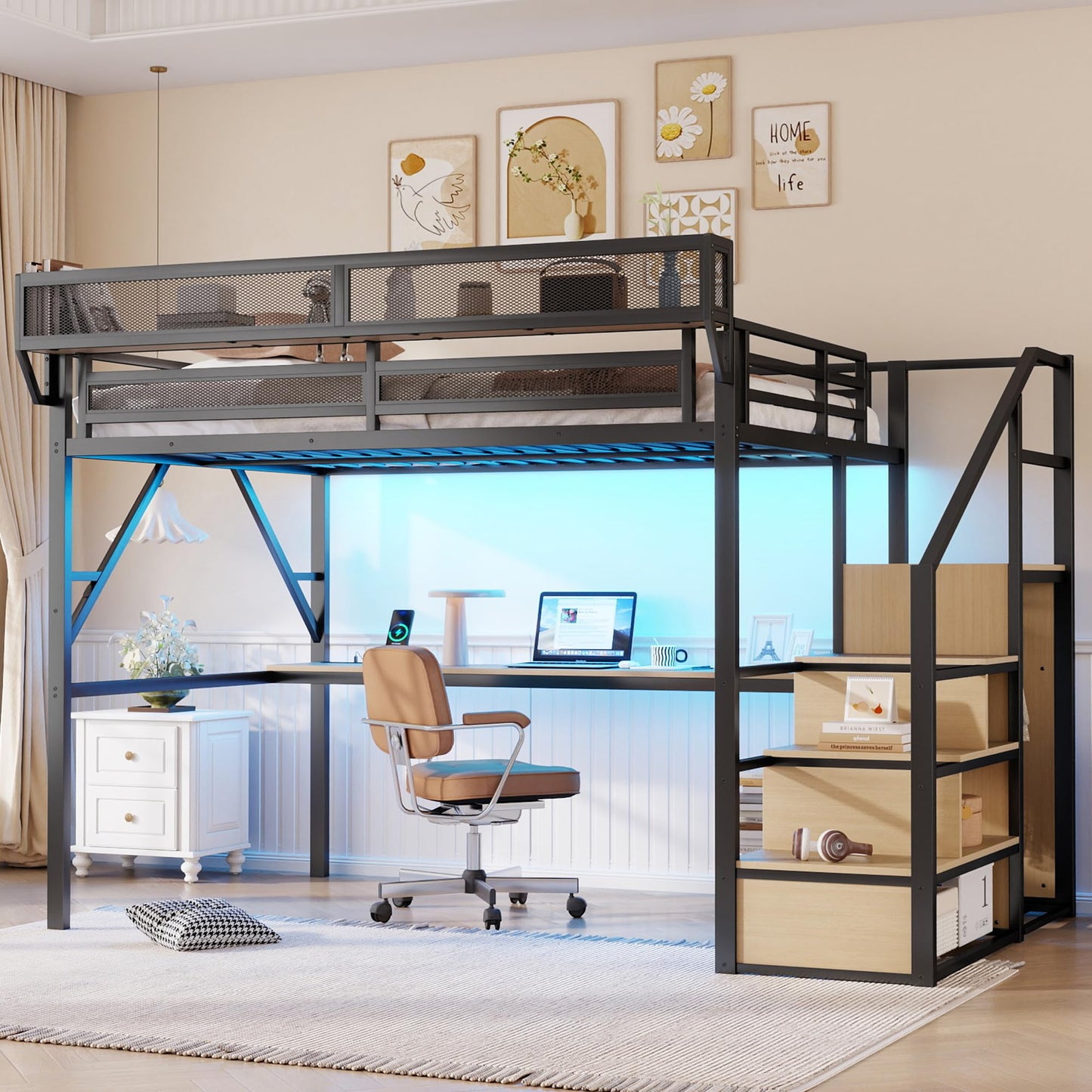 KEIKI Queen Size Metal Loft Bed Frame with Desk, Staircase, Built-in Storage Shelves and Wardrobe, Modern Loft Bed with Solid Slat, Guardrail, No Box Spring Required, Easy Assembly, for Bedroom, Black
