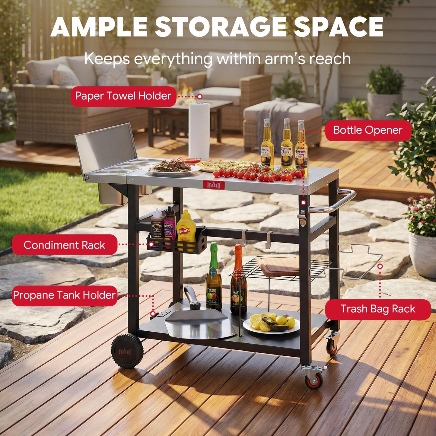 Feasto Outdoor Prep Table with One-Piece Integrated Topping Station, Food-Grade Stainless Steel Tabletop, Pizza Oven Table with Lockable Wheels for Backyard BBQ & Party
