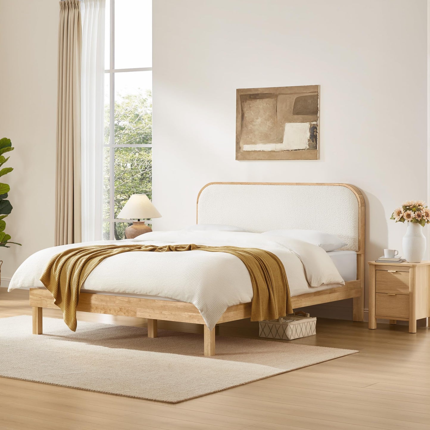 KISLOT Wood Bed Frame with Upholstered Headboard, Mid-Century Boucle Fabric Platform Modern Bed Mattress Foundation Noise-Free No Box Spring Needed Easy Assembly