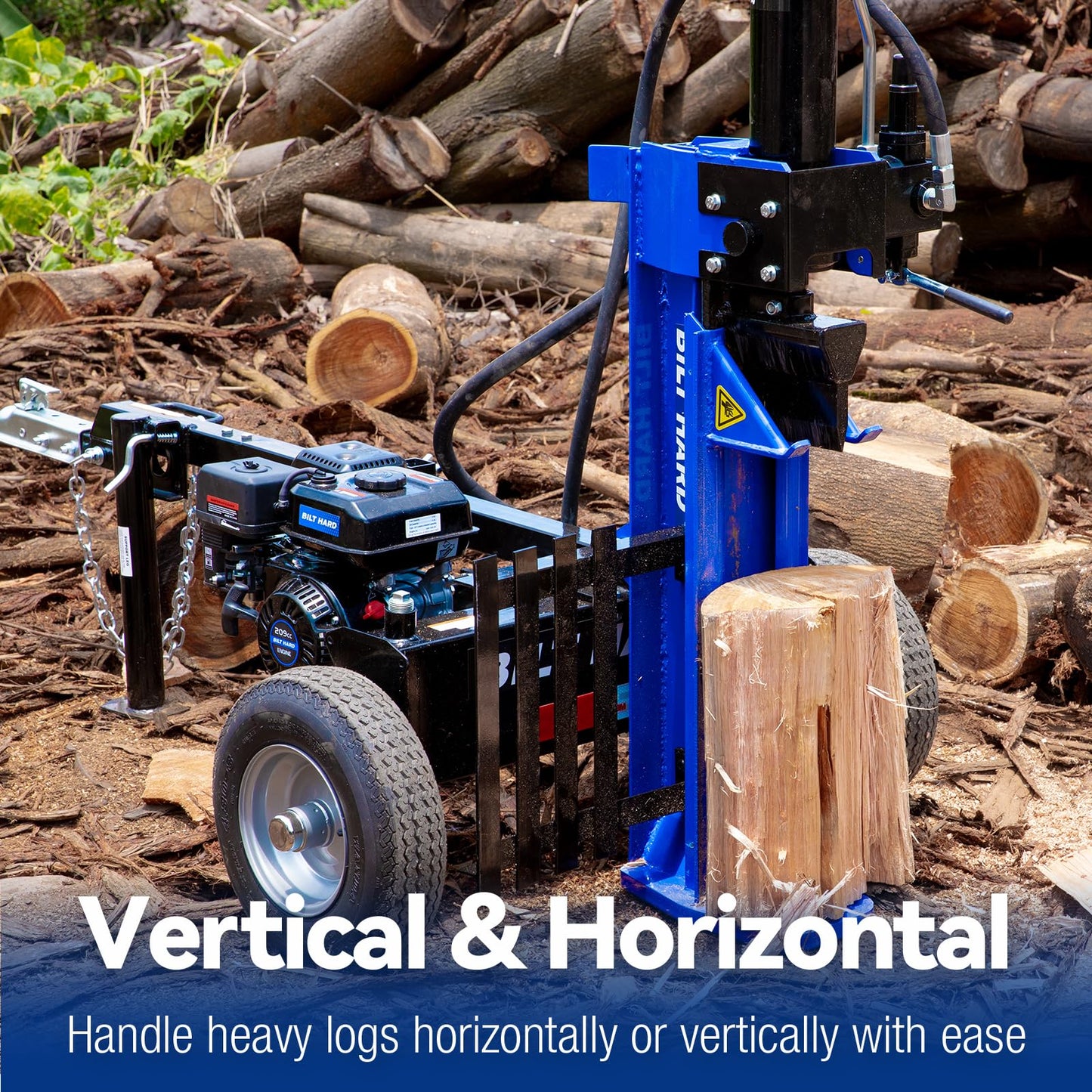BILT HARD 27-Ton Towable Gas Powered Log Splitter, Horizontal & Vertical Wood Splitter Gas Powered with 209cc OHV Engine & 2-Stage Pump, 16" DOT Tires & 2" Ball Coupler Firewood Splitting Machine