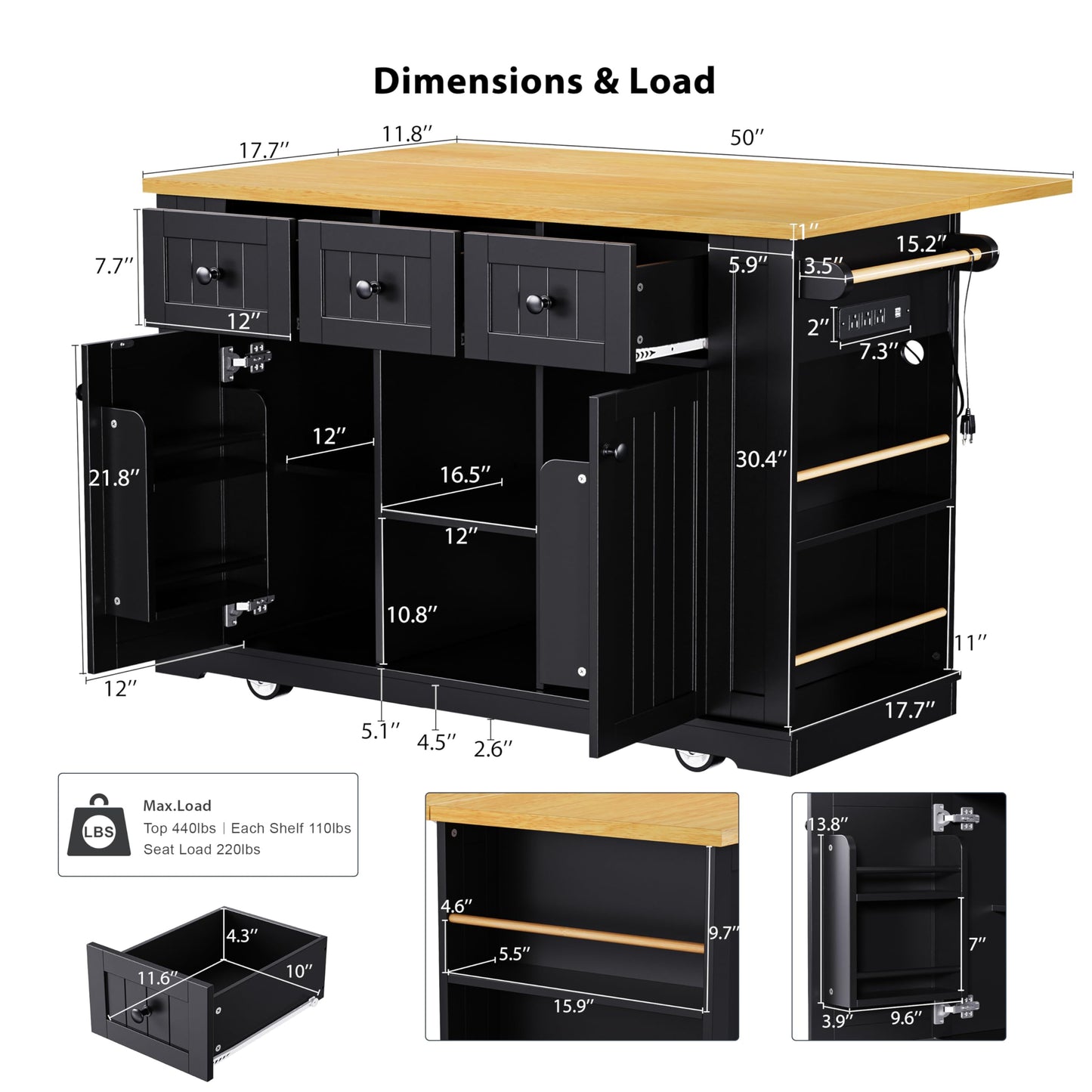 Merax 53" Large Kitchen Cart Storage Island on 5 Wheels with Drop Leaf,Power Outlet,Internal Rack for Kitchen Dining Room