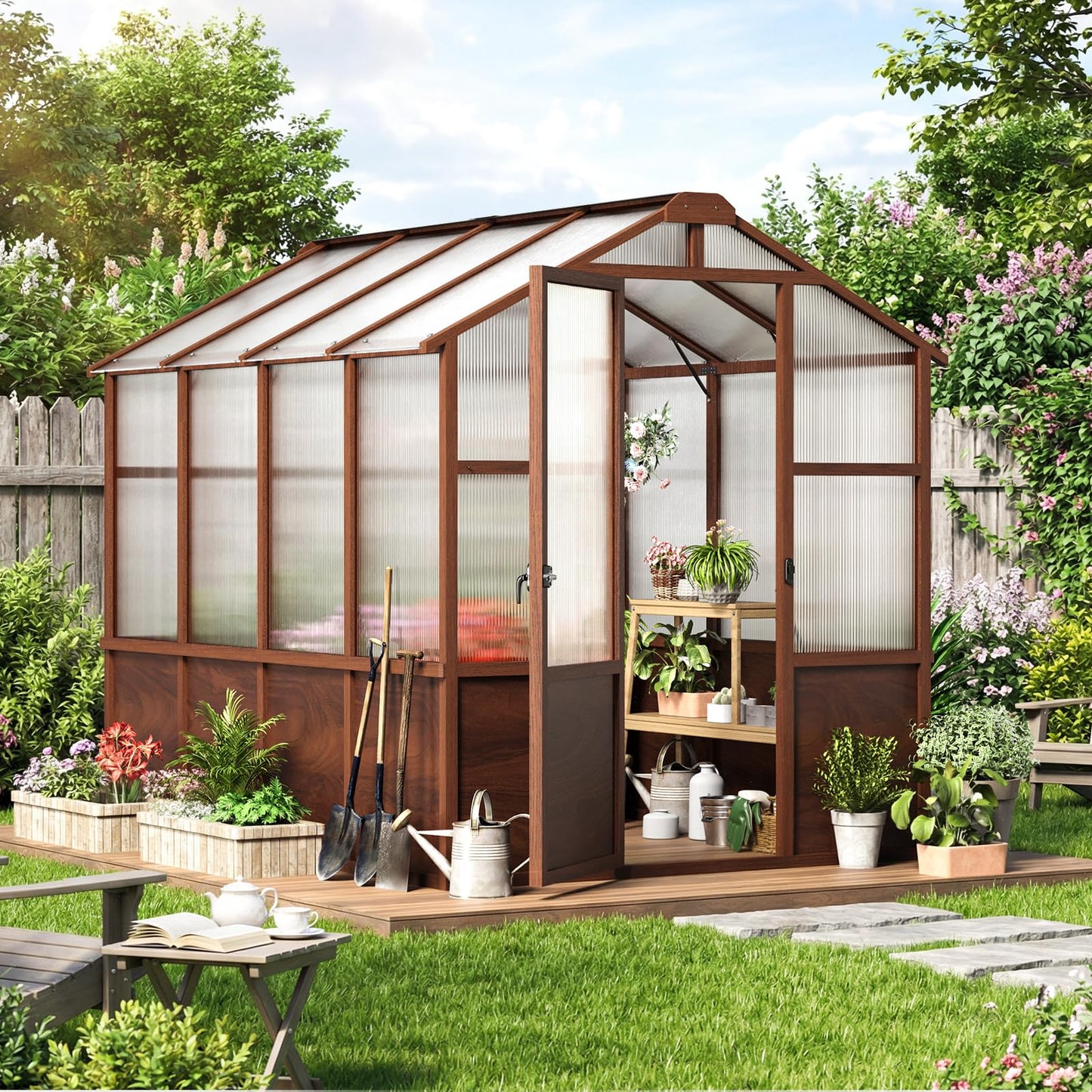 Jocoevol 6x8ft Outdoor Greenhouse, Wooden Frame Polycarbonate Greenhouse with Adjustable Roof Vents and Lockable Door Handle, Walk-in Greenhouse Perfect for Backyard and Garden