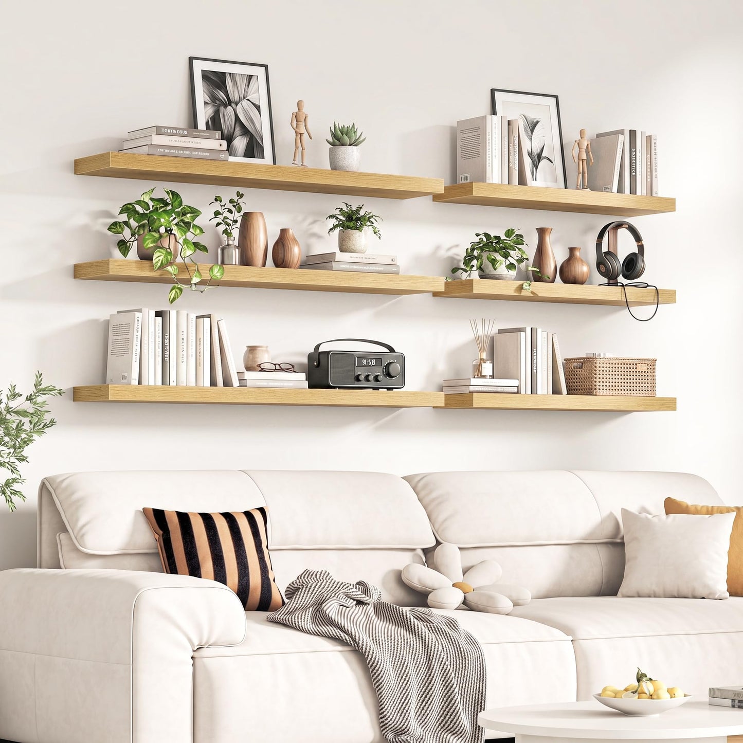 Fun Memories 72Inch Long Floating Shelves, 8 Inch Deep Shelves for Bedroom|Living Room, Wall Mounted Wood Hanging Shelf with Invisible Brackets for Fireplace Mantel Home Storage Decor, Oak - 2 Pack