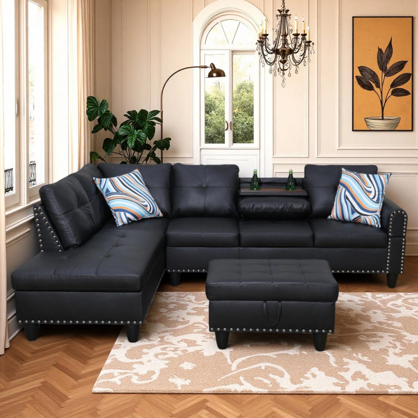 Trygoal Leather Sectional Sofa with Movable Chaise & Storage Ottoman, 3-Piece Modular Convertible L-Shaped Couches for Living Room, Apartment & Office, Black
