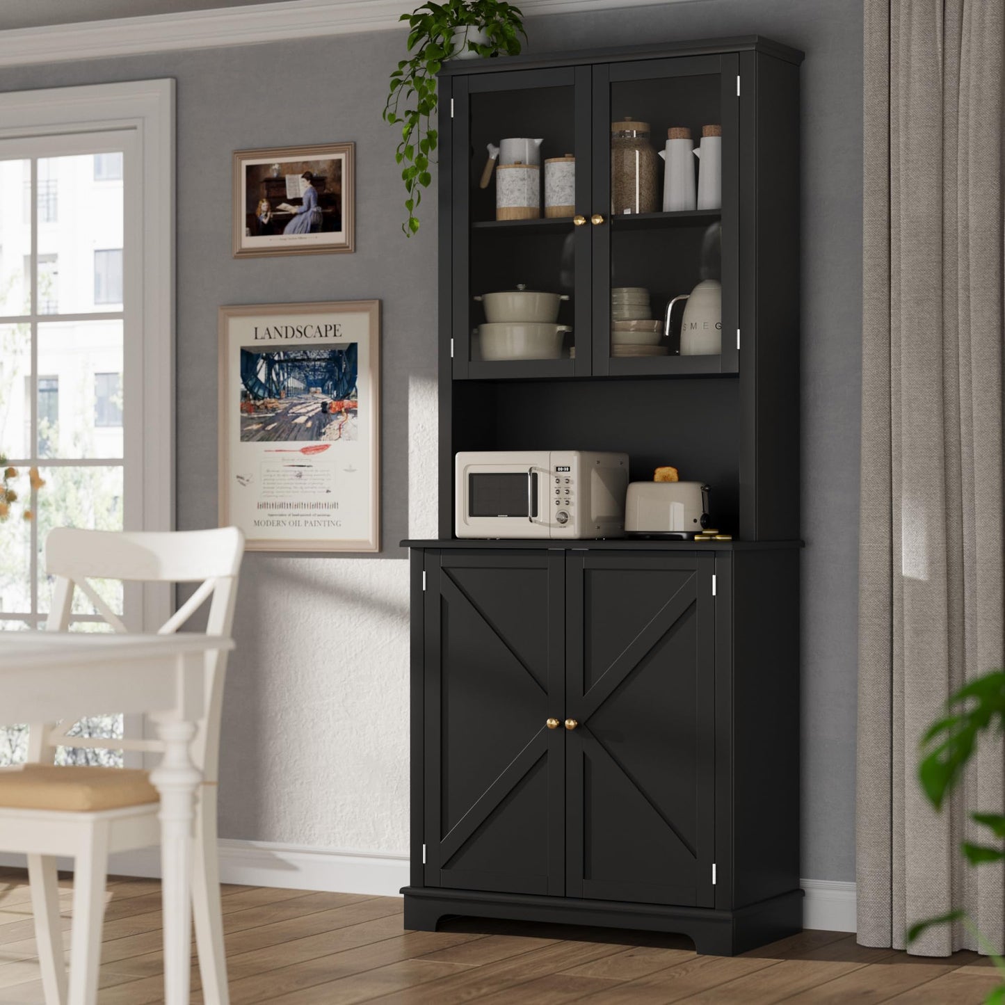 72" Tall Black Kitchen Hutch Cabinet with Glass Doors, 41" Wide Freestanding Storage Cabinet with Charging Station & LED Lights, Open Counter Shelf and Double Lower Doors, Farmhouse Buffet for Dining