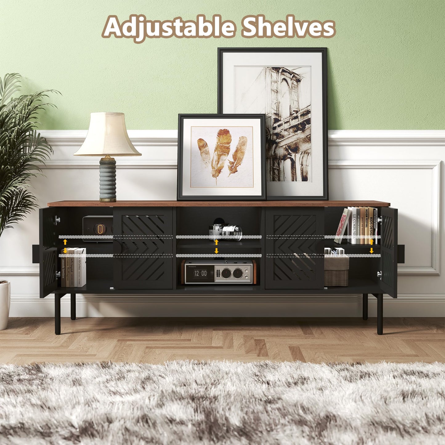 ARTPOWER 63" Modern TV Stands for Living Room, Long Entertainment Center with Storage, TV Console for 55 60 65 70 Inch TV, Bedroom TV Cabinet with Doors, Wood Media Console, Television Stand, Black