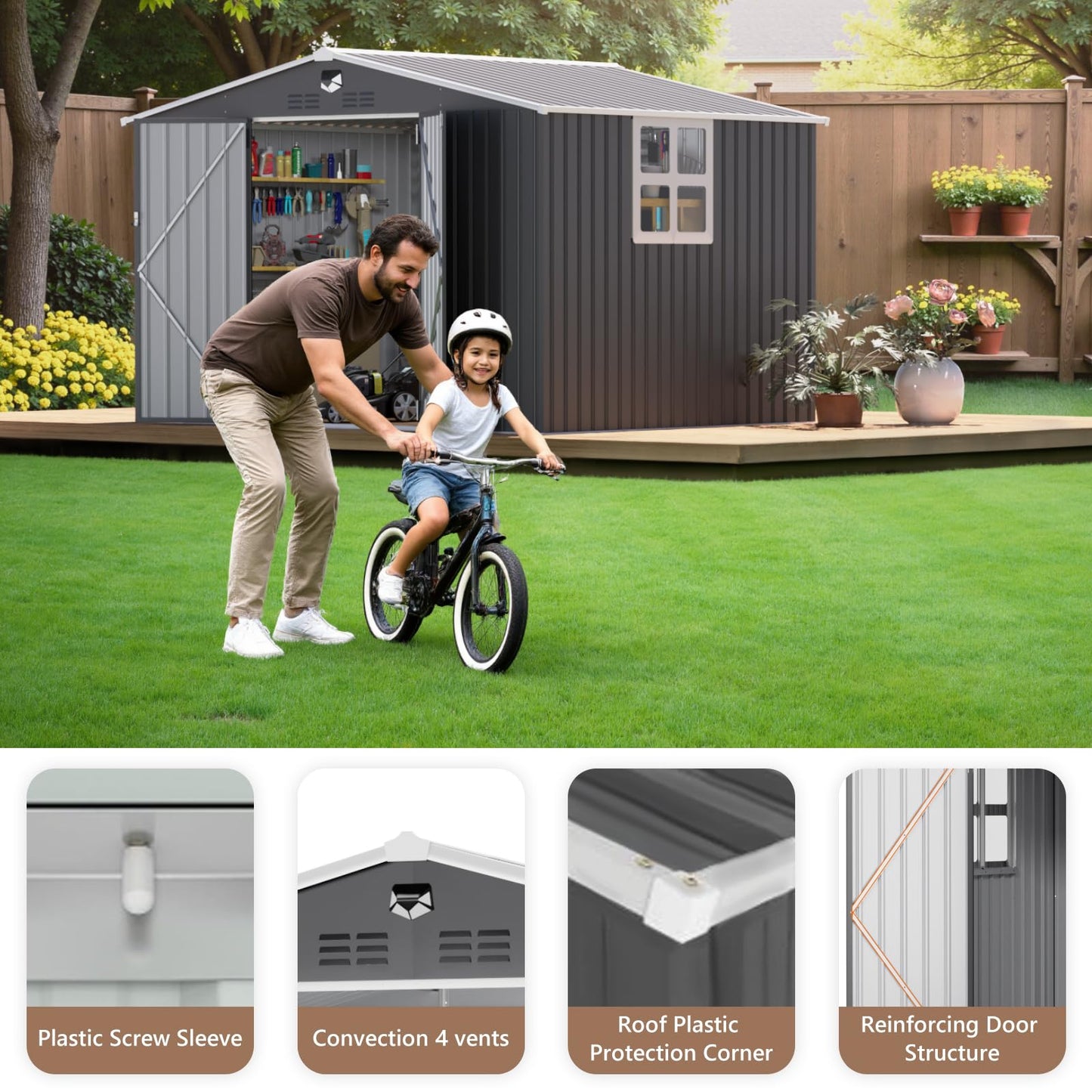 Benass 10X8 FT Outdoor Storage Shed, Metal Garden Shed - Tool Storage Sheds with Lockable Doors & 1 Clear Window, Waterproof Outside Storage Building for Backyard, Patio (Black; Floor Not Included)