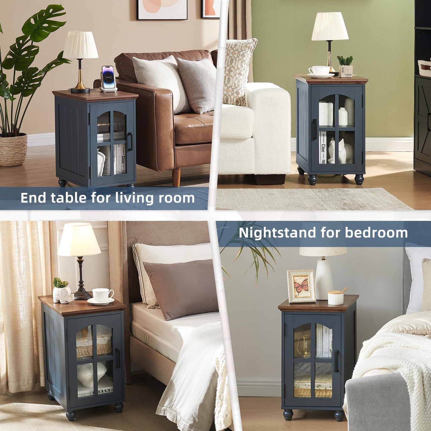 Narrow Side Table Set of 2,Farmhouse Nightstand with Charging Station,End Table with Glass Barn Door Storage, Cabinet Organizer with Adjustable Shelf, Night Stand for Small Spaces Living Room Bedroom