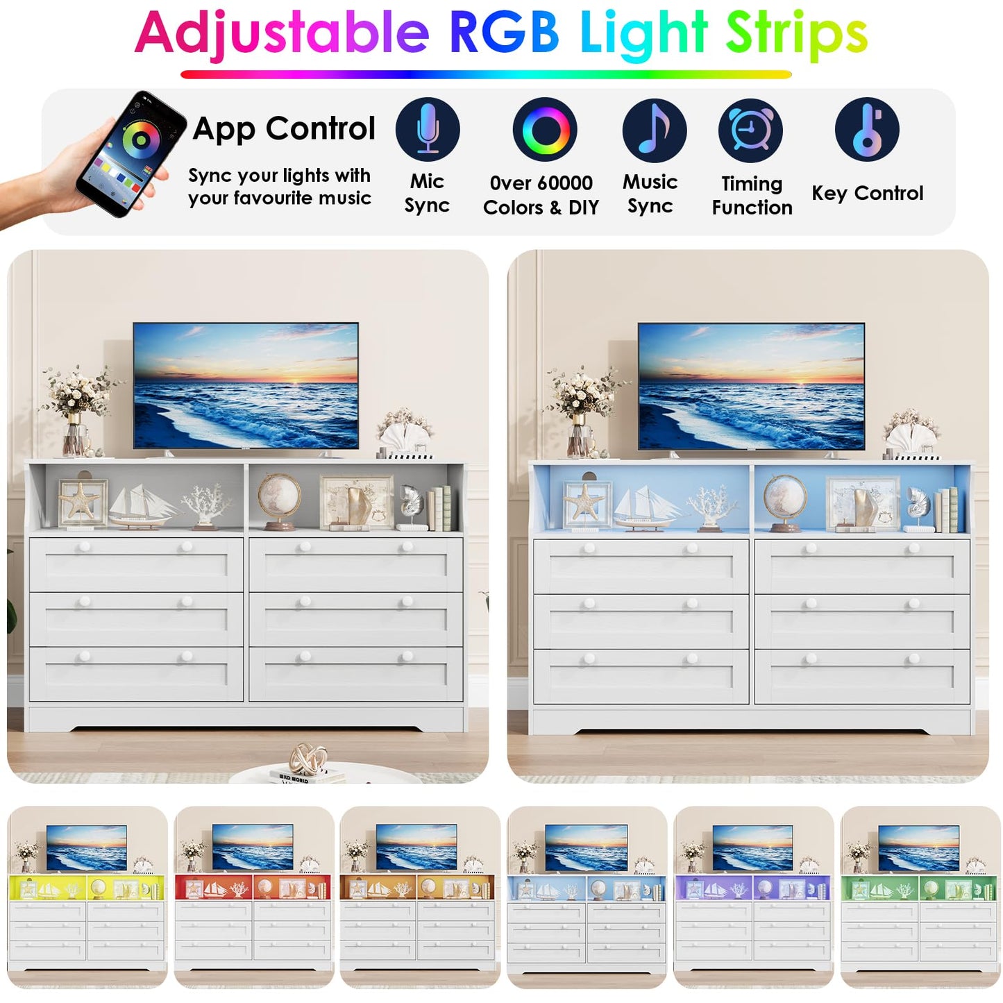 IDEALHOUSE 55" 6-Drawer Dresser for Bedroom – Wood Chest with Charging Station, LED Lights & 2 Storage Compartments, Modern TV Stand for Living Room & Hallway, White